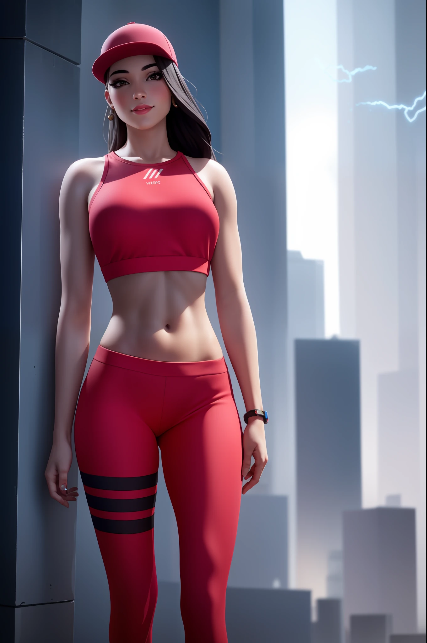 1girl, beautiful, smirk, wearing a hat, earrings, red camo sweatshirt, red_legwear, long hair, brown hair, mascara, nose lips, standing, midriff, naval, earrings, (realistic:1.5), cyberpunk, neon city, neon lights, 3d, cgi, volumetric lightning