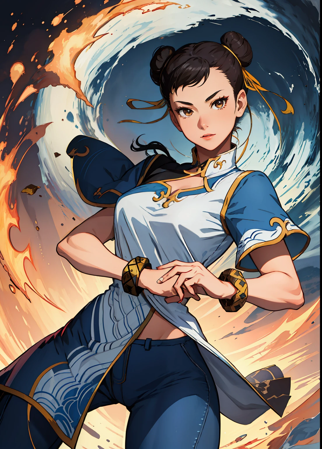 (masterpiece, best quality, high resolution), (illustration:1.0), extremely detailed face, perfect lighting, (perfect hands,perfect anatomy), (1girl, solo:1.5), glowing skin and perfect symmetrical pretty face ,cowboy shot, chunlims, hair bun, double bun, chinese clothes, solo, dress, bracelet, ribbon, pants, blue pants, makeup, short sleeves, wide hips, thick thighs,