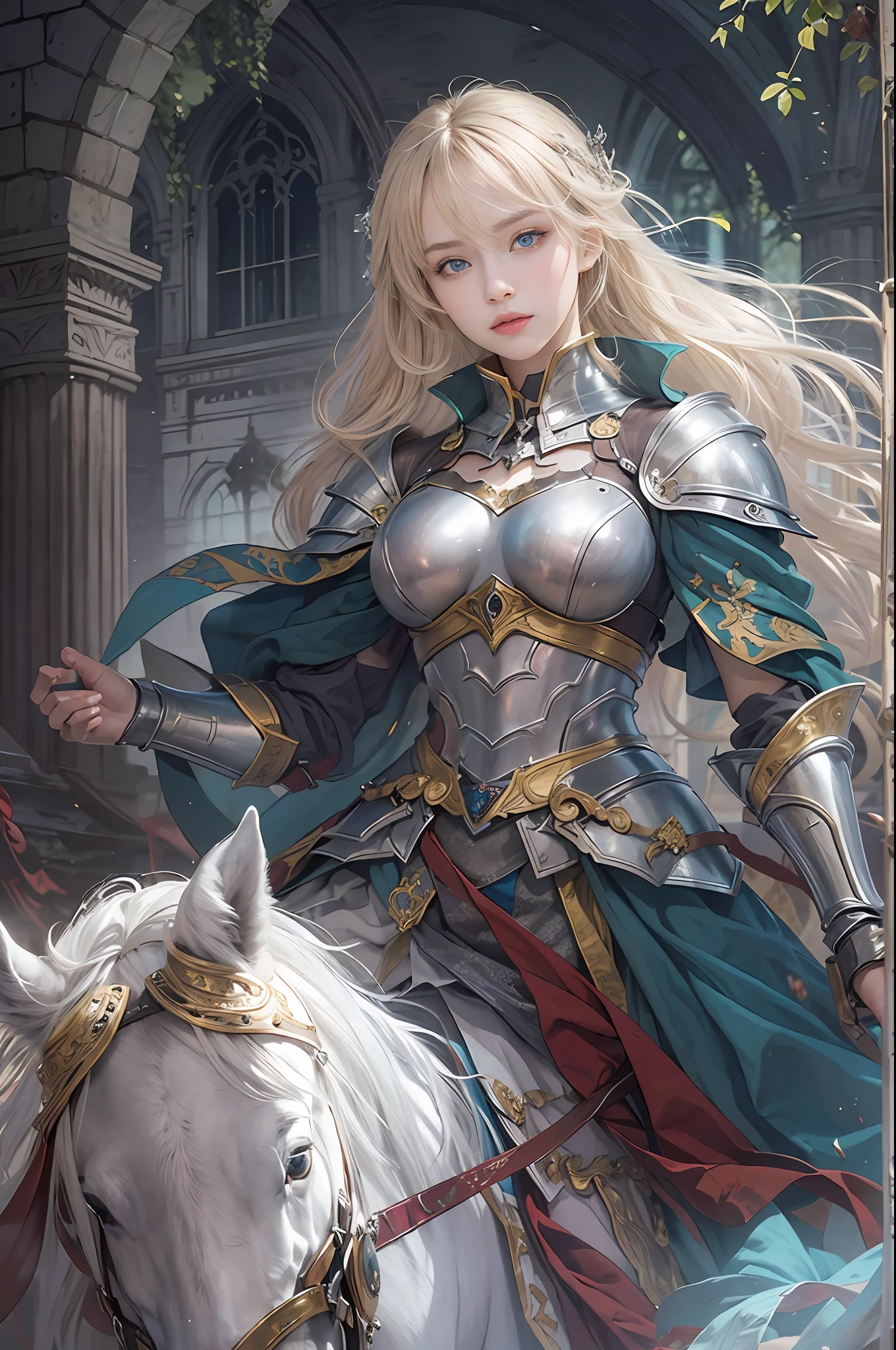 ​masterpiece, top-quality, One Young Woman Knight、Beautiful fece、Rin々Right、beautiful countenance、beautidful eyes、25-years old、((FULL BODYSHOT))、Silver Half Plate and Dress Armor、Gorgeous blonde、long、Blue eyes、thoughtful、White horse、magical fantasy、in isekai、Medieval Europe、((FULL BODYSHOT))、Dynamic angles、