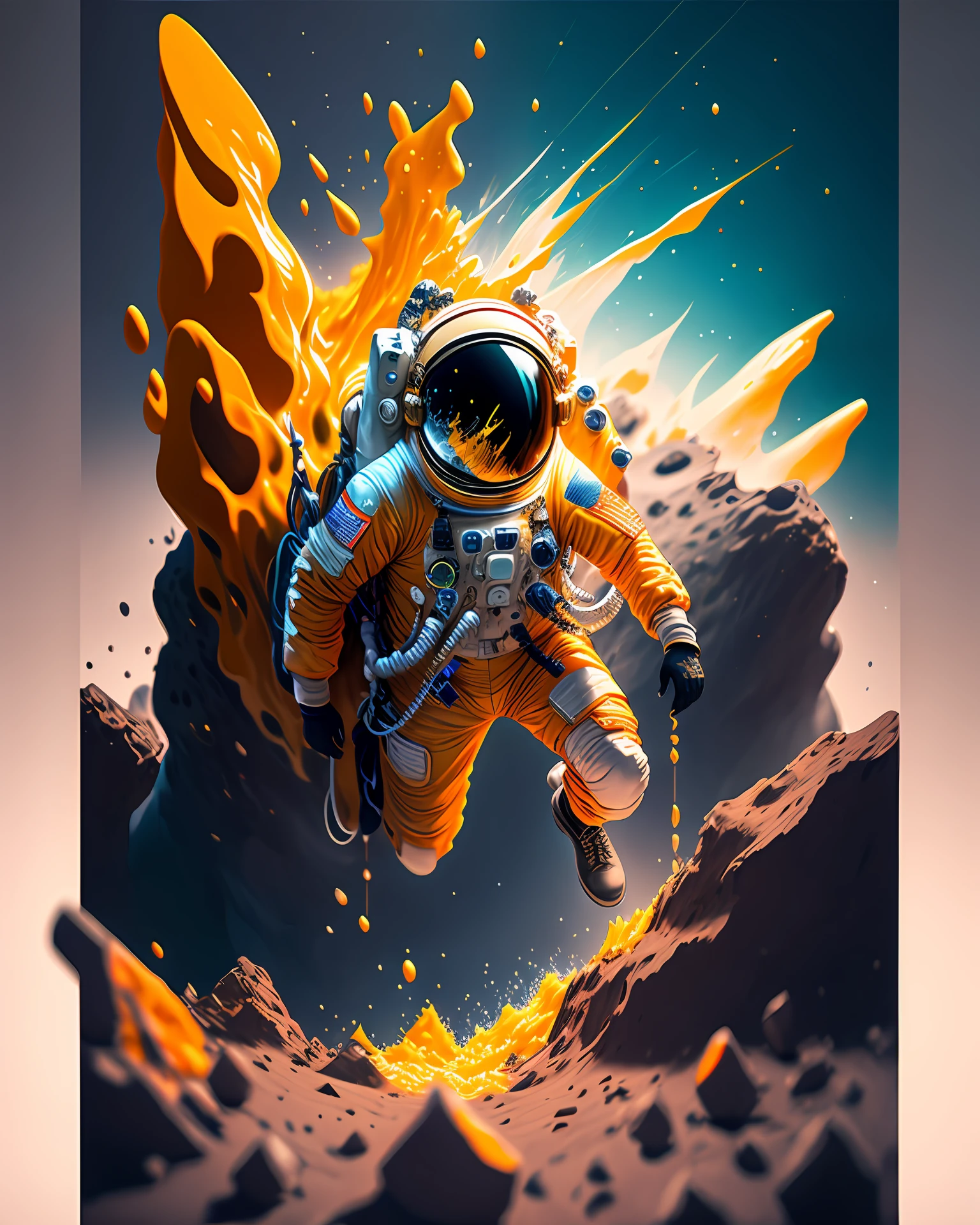 astronaut with gun,  climbing the asteroid,  character render, ultra high quality model, ethereal background, abstract beauty, explosive volumetric, oil painting, heavy strokes, paint dripping HDR (High Dynamic Range),Ray Tracing,NVIDIA RTX,Super-Resolution,Unreal 5,Subsurface scattering,PBR Texturing