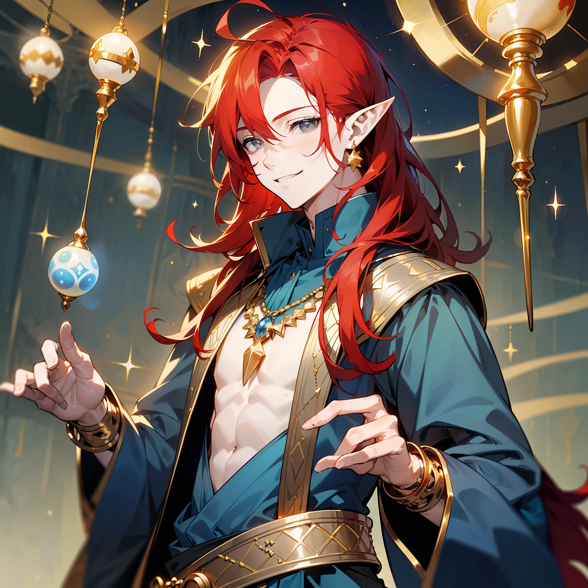 young man, (((male))), (((man))), (((one person))), single, solo, (((very pale skin))), ((pale skin)), (((red hair))), ((red colored hair)), (((grey colored eyes))), long hair, slim body, ((flat chest)), ((wearing fantasy clothes)), ((fantasy style)), (((dark blue clothes))), (((dark blue colored clothes))), ((black colored clothes)), ((golden details)), ((fantasy patterns on clothes)), (((magical patterns on clothes))), (((wearing golden accessories in his hair))), (tiny gemstones accessories), ((golden jewellery)), ((pointy ears)), (((grey eyes))), smooth skin, (stars decoration), sun moon decoration, magic, ((male face)), smiling, circus tent in the background