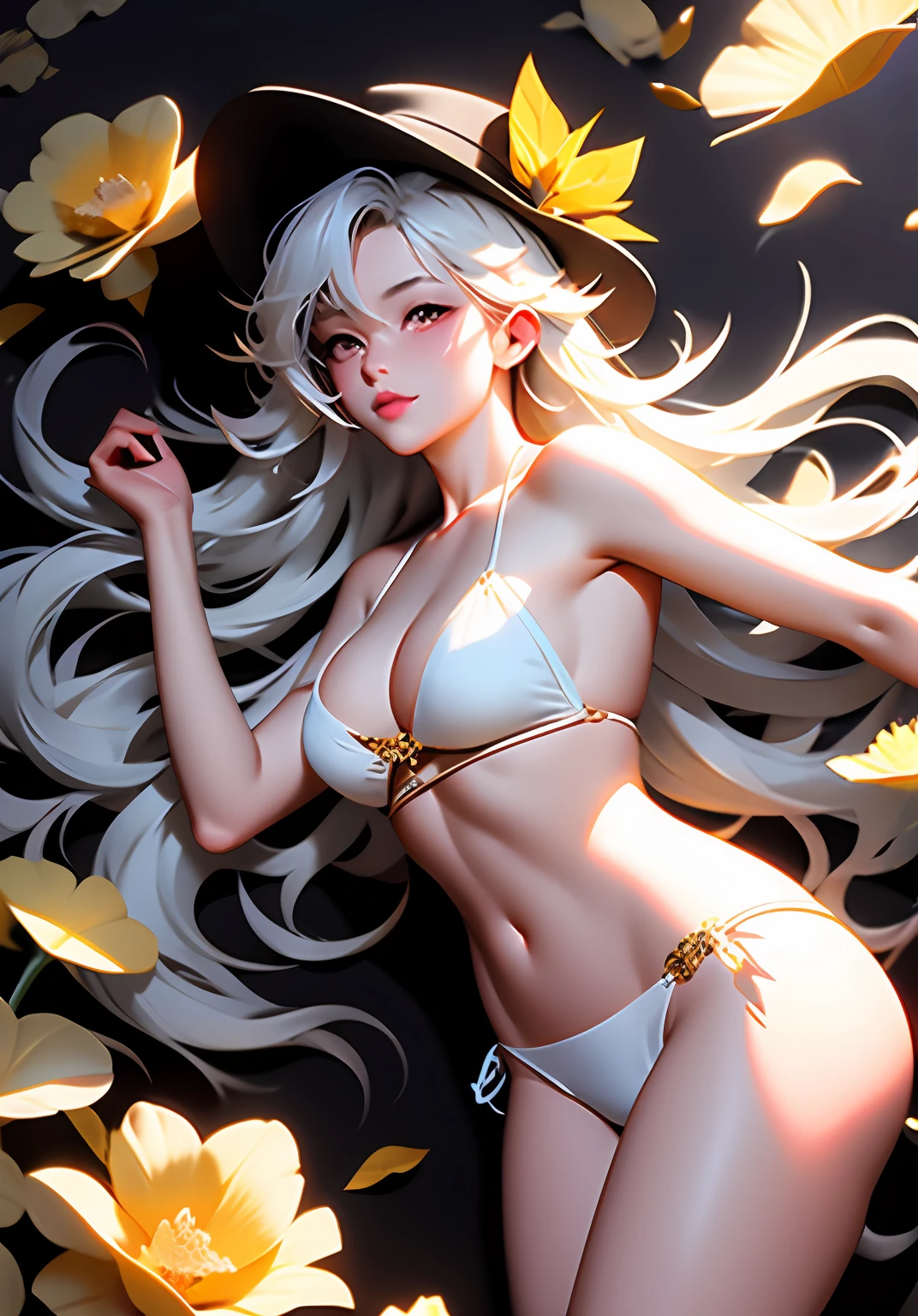 anime girl in a bikini with fish and a hat, digital anime illustration, anime style illustration, anime graphic illustration, anime illustration, manga illustration, anime fantasy illustration, white haired deity, detailed fanart, detailed manga style, digital manga art, manga art style, highly detailed exquisite fanart, a beautiful artwork illustration, clean detailed anime art, detailed digital anime art,masterpiece, best quality, (extremely detailed CG unity 8k wallpaper), (best quality), (best illustration), (best shadow), absurdres, realistic lighting, (Abyss), beautiful detailed glow