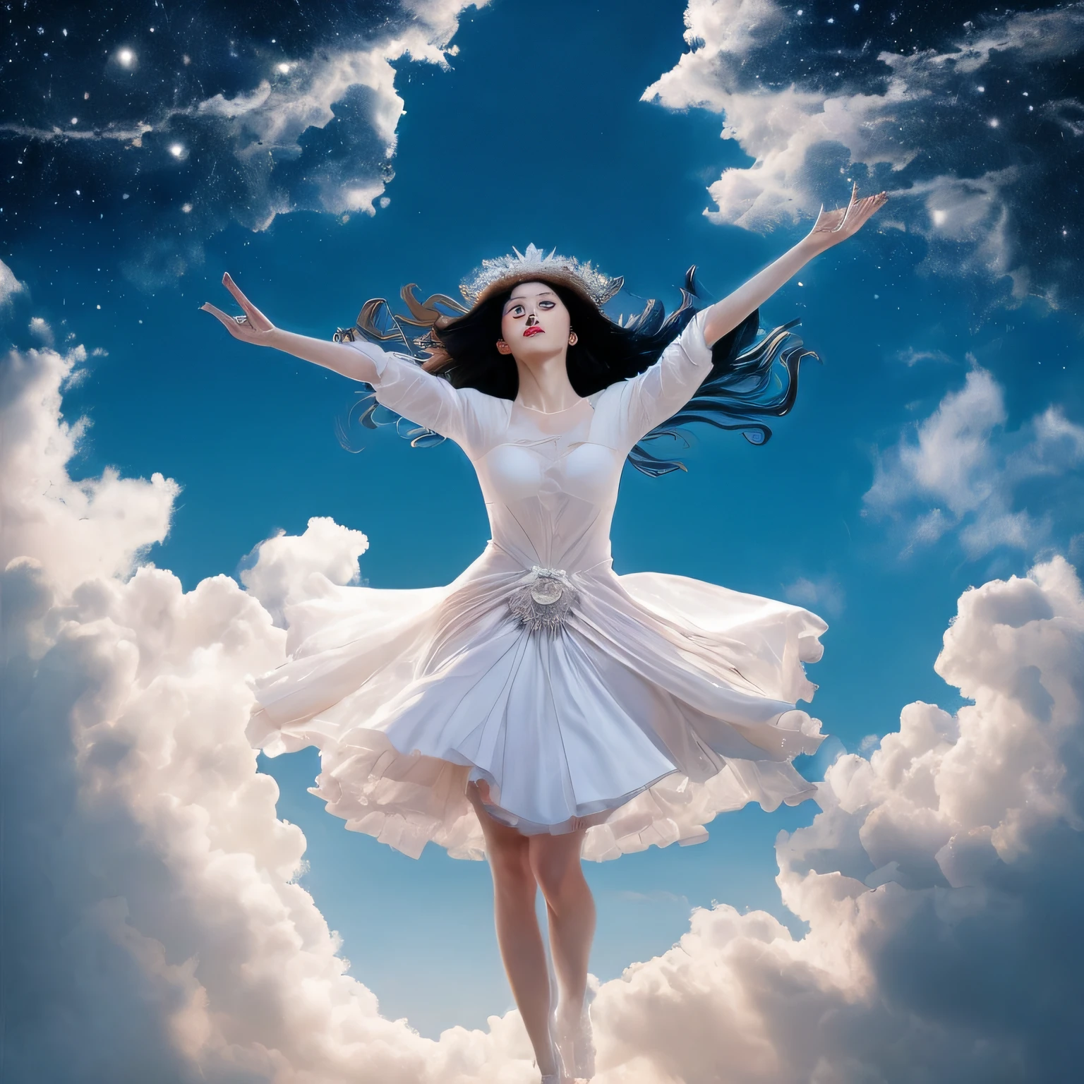 The goddess sacrifices to the heavens，Fluttering Tingting，The brilliance is glow，Jade Muscle Immortal Peak，Zhu's lips opened slightly，The starry eyes are bright，There is a hint of mystery hidden between the eyebrows。Her long sleeves fluttered，Clothes like clouds，The body is like a fairy，Walk through the thousands of layers of light。A drizzle，Moisturized, white skin，Clouds churn，smooggy。The sky is blue，Clouds flow，In a dreamlike picture，She danced gracefully，Beautiful。