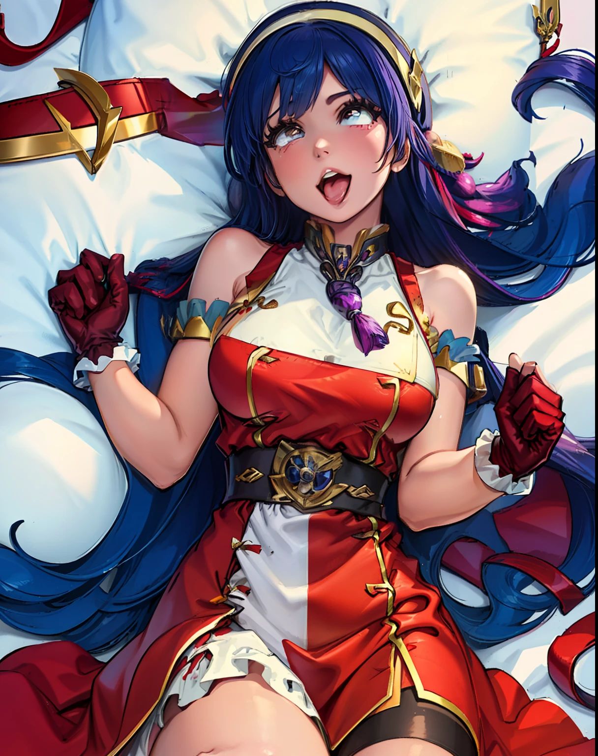 (masterpiece, best quality, high resolution),cowboy shot, 1girl, solo, athenams, hairband, chinese clothes, red dress, gloves, hair ornament ,bare shoulders, ahegao