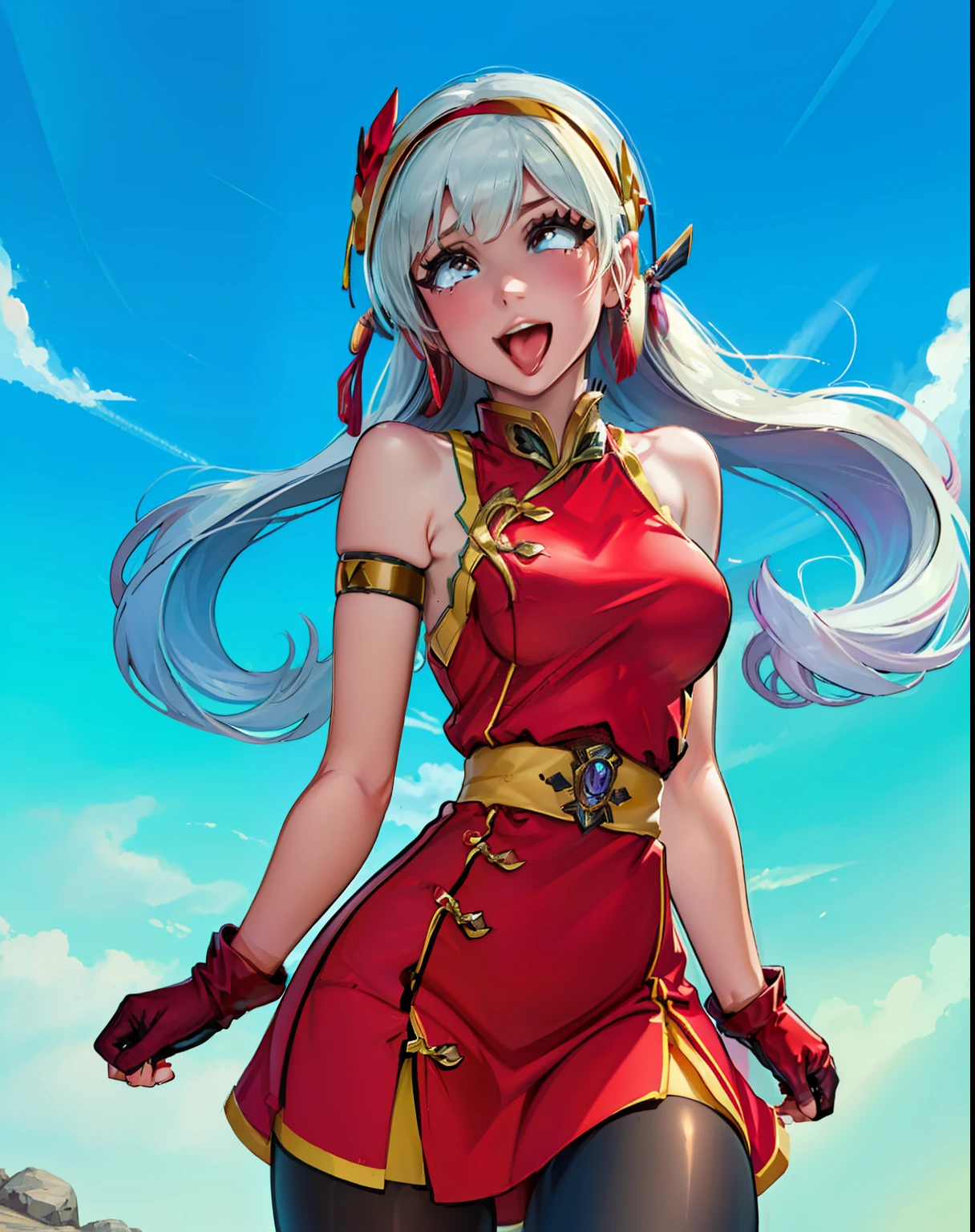 (masterpiece, best quality, high resolution),cowboy shot, 1girl, solo, athenams, hairband, chinese clothes, red dress, gloves, hair ornament ,bare shoulders, ahegao