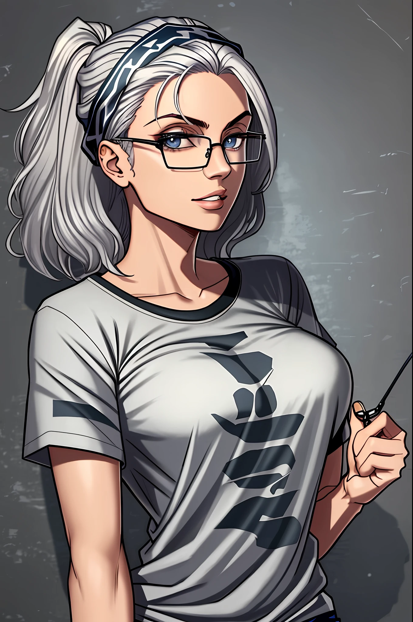 Female, silver hair, bandana on head, glasses for vision, medium breasts, tattoo on hand, wearing a nerd t-shirt