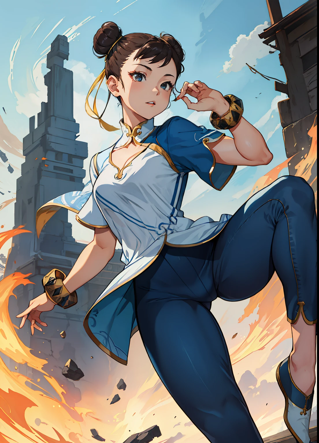 (masterpiece, best quality, high resolution), (illustration:1.0), extremely detailed face, perfect lighting, (perfect hands,perfect anatomy), (1girl, solo:1.5), glowing skin and perfect symmetrical pretty face ,cowboy shot,  chunlims,  hair bun, double bun, chinese clothes, solo, dress, bracelet, ribbon, pants, blue pants, makeup,  short sleeves, wide hips, thick thighs, thigh gap