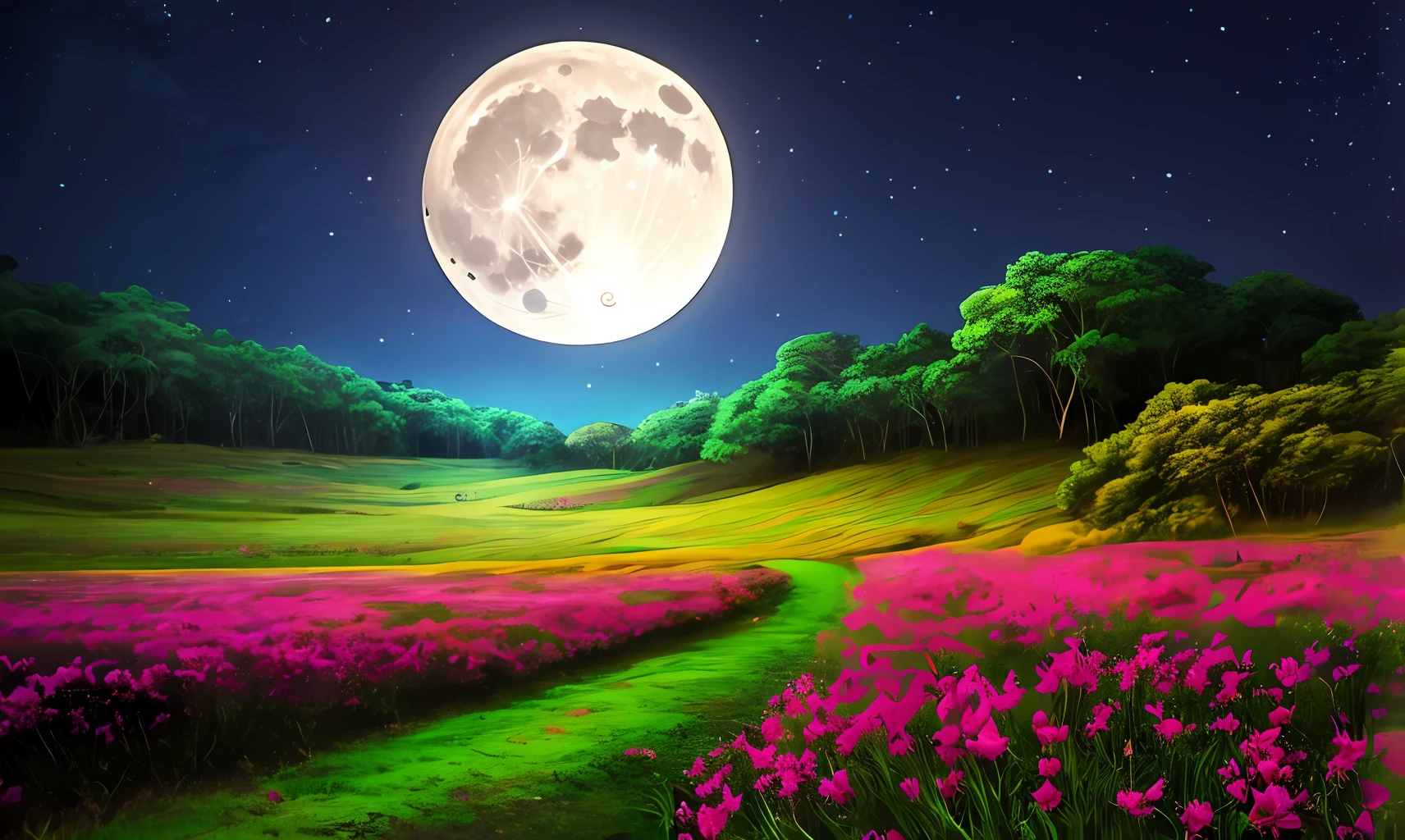 Uma floresta em 4k repleta de animais. As cores dessa floresta sao muito vivas e impactantes. Tem uma montanha longe da floresta com um lobo a uivar.
The night is full moon and the moon is shining.