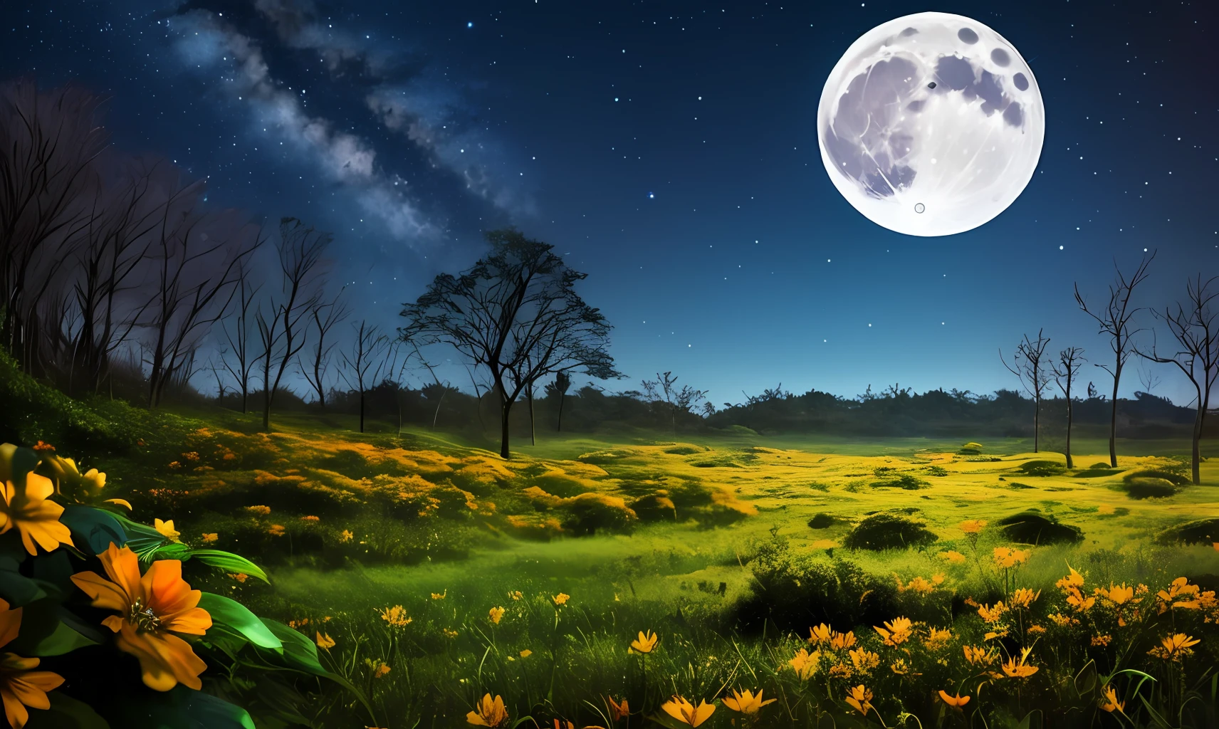Uma floresta em 4k repleta de animais. As cores dessa floresta sao muito vivas e impactantes. Tem uma montanha longe da floresta com um lobo a uivar.
The night is full moon and the moon is shining.