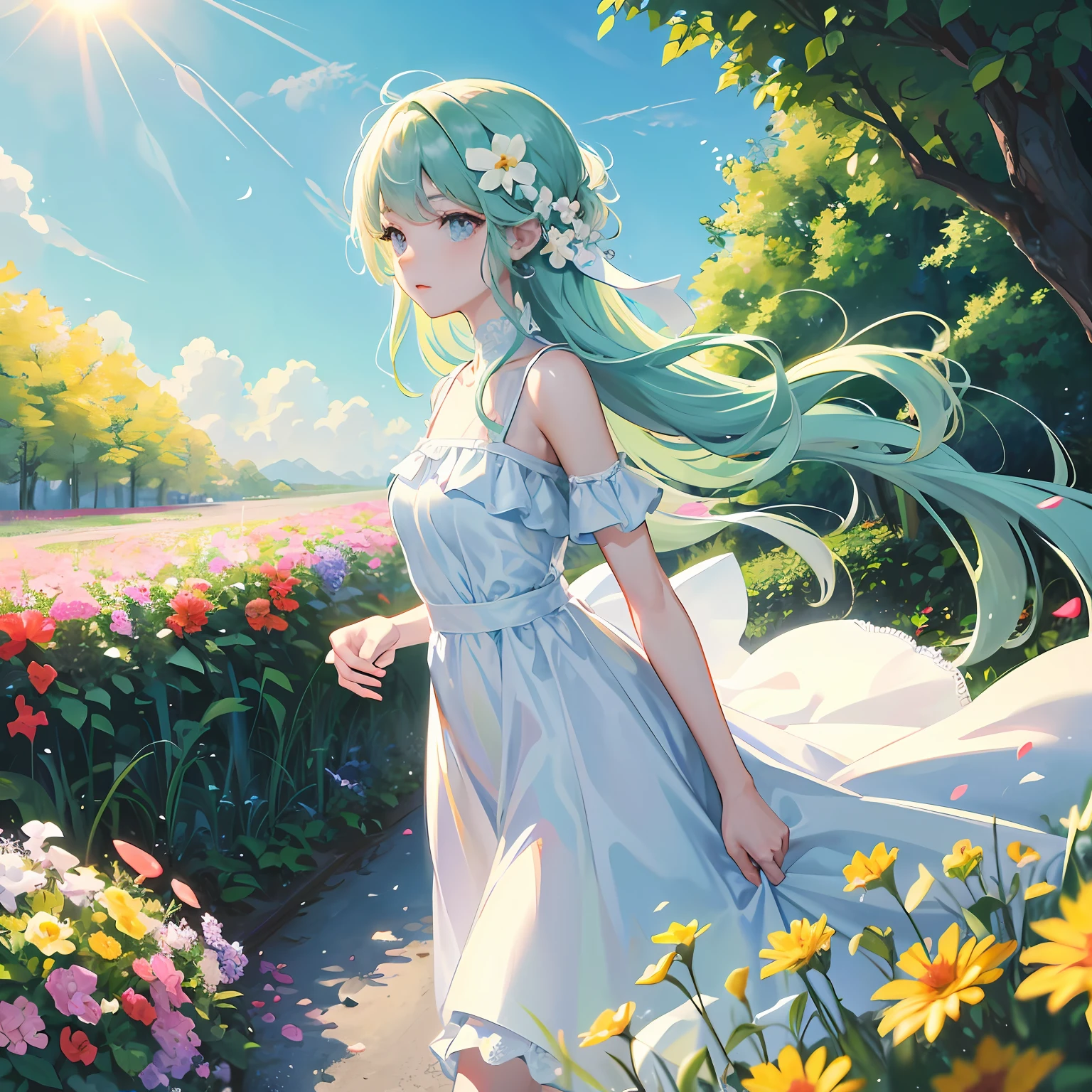 Chapter I:Encounter in a sea of flowers
Summer afternoon,The sun shines on the lush sea of flowers,Brilliant colors sway gently in the breeze。A girl in a white dress walks alone among the flowers,Enjoy this wonderful moment。 --auto