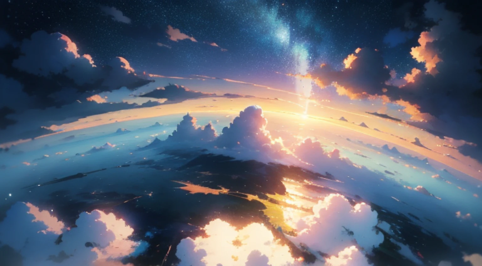 aerial view of earth, cloudy, camera from skies, anime style, makoto shinkai style, by makoto shinkai, anime art, beautiful, vibrance, masterpiece, best quality, cinematic light