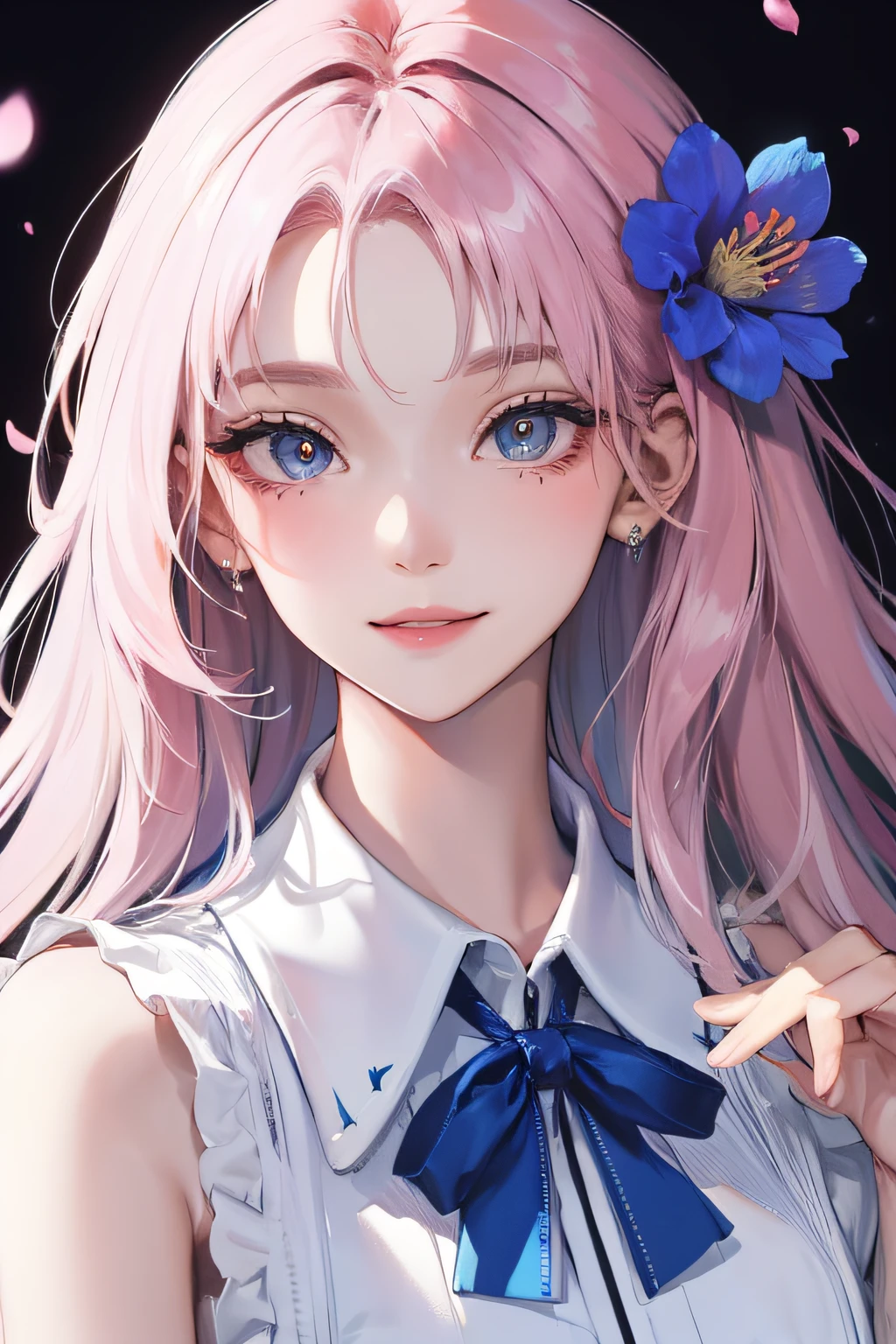 8K, masterpiece, best quality, night, full moon, 1 girl, korean style, mature woman, sister, white long haired woman, long hair, light pink lips, calm, rational, bangs, gray pupils, wearing a blue flower on the head, no background, petal dancing, delicate face, close up, face zoom, detailed face, detailed eyes, looking at viewer, close to viewer, smirk, little smile, full head, no cuts, full hair, head straight, every part of upper-body is visible, no hands
