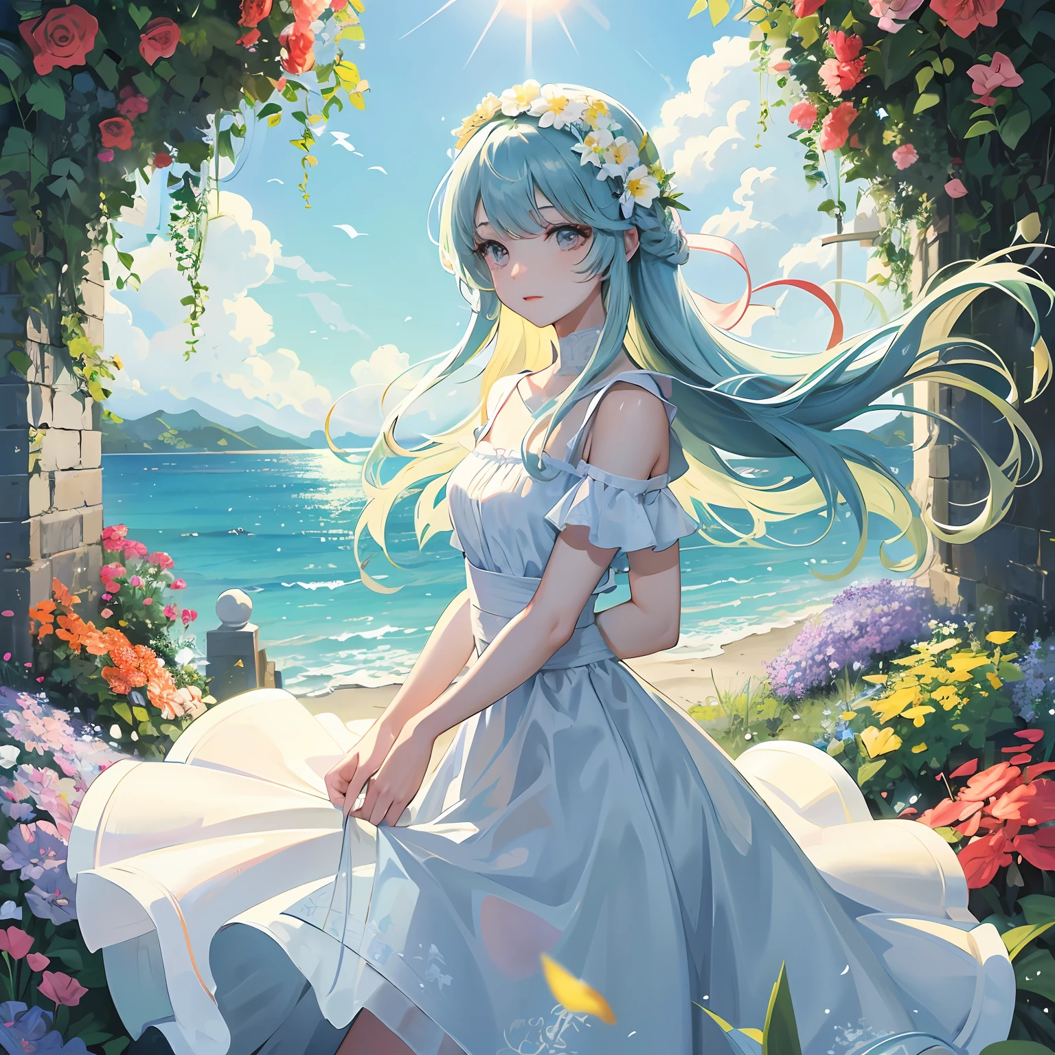 Chapter I：Encounter in a sea of flowers

Summer afternoon，The sun shines on the lush sea of flowers，Brilliant colors sway gently in the breeze。A girl in a white dress walks alone among the flowers，Enjoy this wonderful moment。 --auto