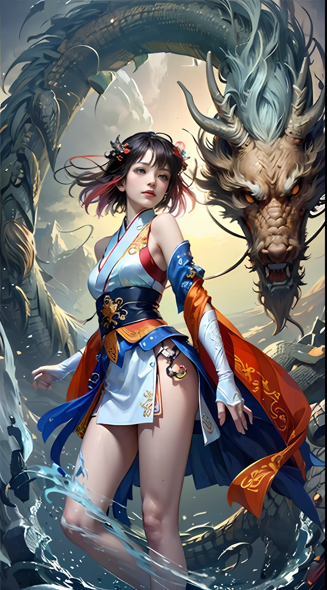 Official Art, Unified 8K Wallpapers, Ultra Detailed, Beautiful and Aesthetic, Masterpiece, Best Quality, (Zentangle, Tangle, Entangle), (fractal art: 1.4), (character center: 1.3), 1girl, black hair, Chinese, off-the-shoulders, short skirt, calf, navel, very detailed, dynamic angle, cowboyshot, (most beautiful form of chaos), ethereal, (bright colors), oc, (half: 1.2), china, (thangka flying sky: 1.5), (ribbon: 1.3), (dream: 1.5), (hanfu: 1.5), Chinese dragon, Chinese phoenix, (smile: 0.5), ( Chinese deities),