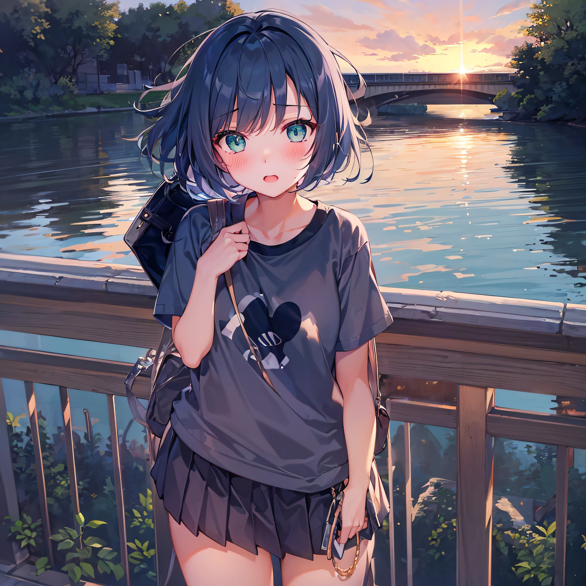 1girl,navy blue bob hair,navy green eyes,cute,blush,river,T-shirt,miniskirt,sunset
