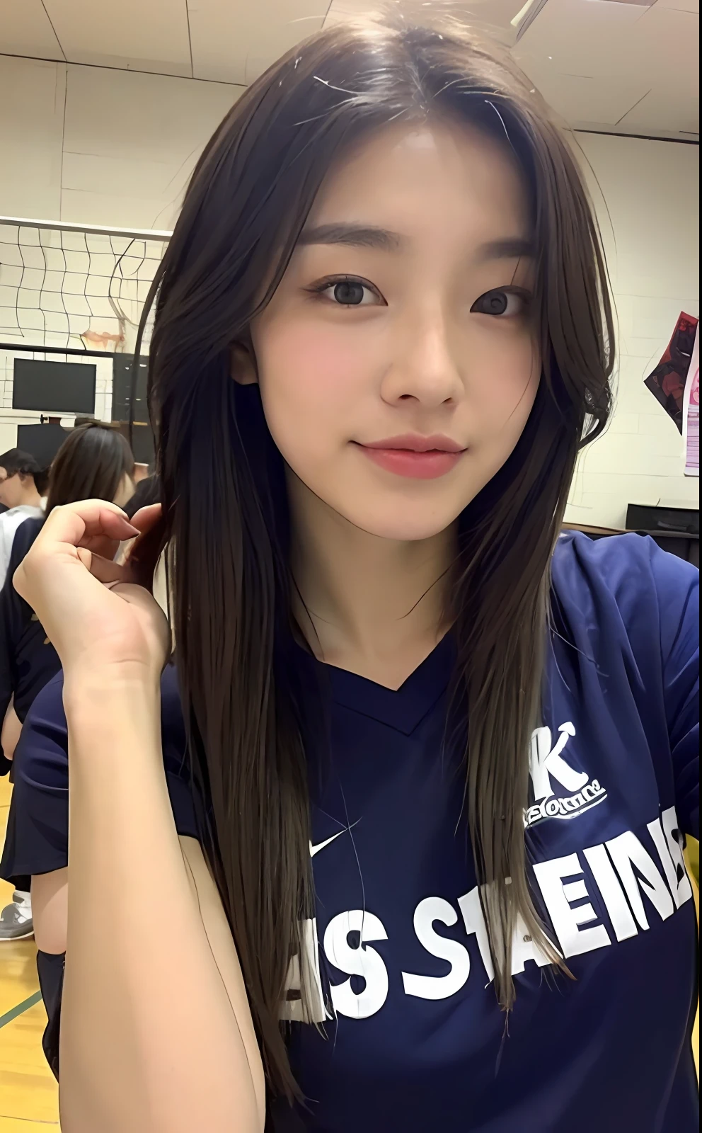 ((top-quality、8K、masterpiece:1.3))、sharp:1.2、Perfect Body Beauty:1.4、Slim abs:1.2、((Layered Hair Style、hugetits:1.2))、g-cup、plump thighs、meaty、hi-school girl、15yo student、Innocent、childish、Wetty:1.5、Highly detailed facial and skin texture、A detailed eye、二重まぶた、Aspect of looking at the camera、Brown hair shortcut、perspiring、Photographing the whole body、volleyball uniform、volleyball uniform、short-haired、Bery short hair、Ryoko Hirosue、Gymnasium、On campus