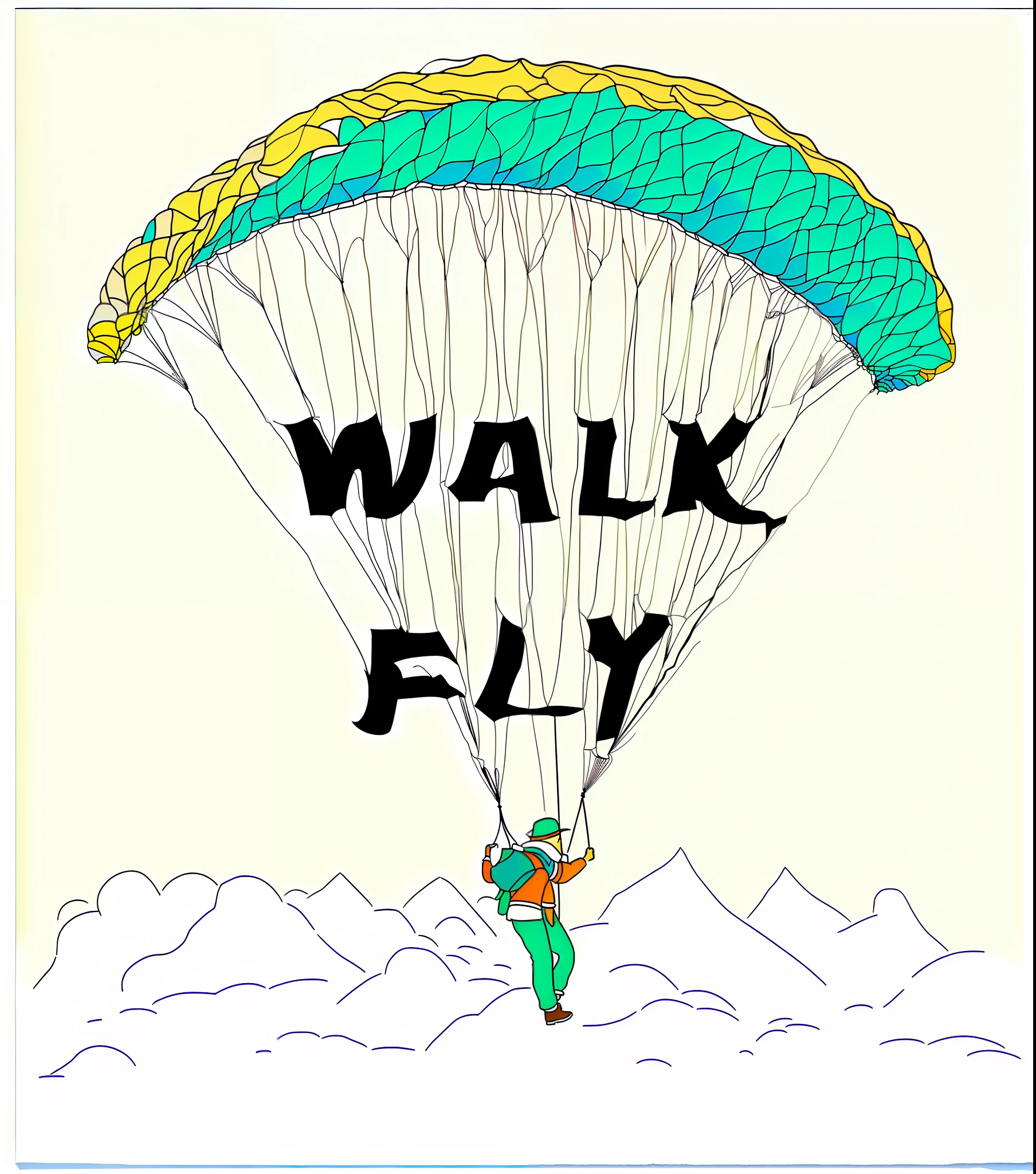 Caricature of a man flying a kite，The background is a mountain, Walk, Walking, author：Warren Mahi, Fly, Mark, author：Matthew S. Wilson, inspired by Jan Karpíšek, walkway, author：Kara Wizgara, Will, author：Valenti Vankovic, Official artwork