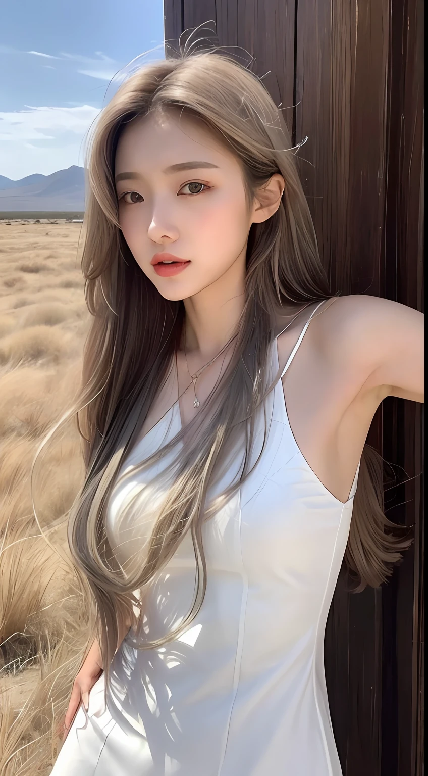 From below Asian girl with slim body,In the endless steppe,long ashy hair,Blowing in the wind,Wearing a white two-point dress,full bodyesbian