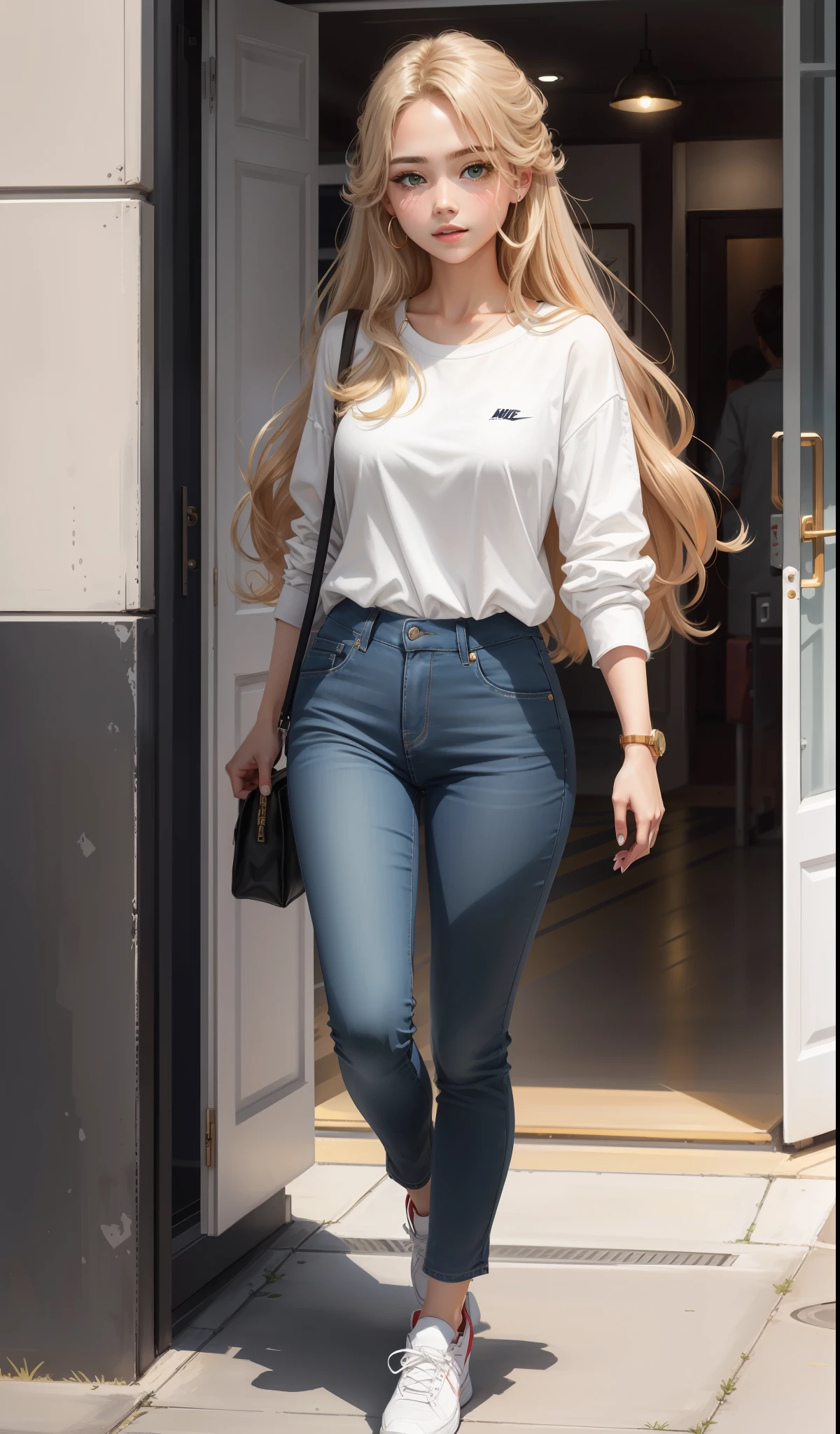 a woman in a white shirt and red pants is playing video game, simple style, wearing elegant casual clothes, muted red, simple clothes, milk and red style, casual clothing style, modern fashion outfit, wearing a fisher , casual modern clothing, inspo, red clothes, red pants, neutral tones, rred and white color scheme, casual business outfit, cute face, nike shoes, , adult face, long hair, ((golden brown hair)) and gleaming detailed emerald green eyes