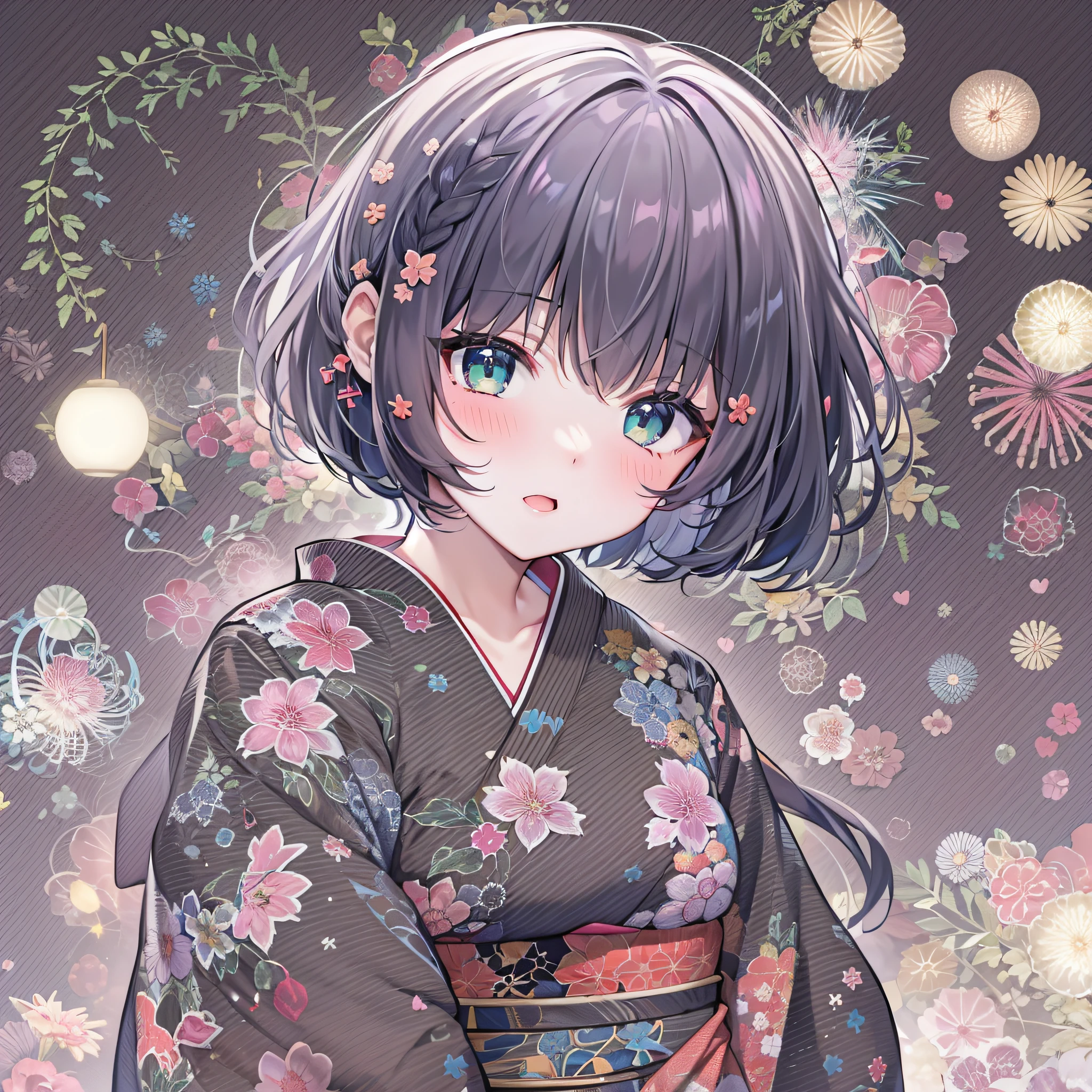 1girl,navy blue bob hair,navy green eyes,cute,blush,japan festival,firework,kimono,girlfrend,medium breast