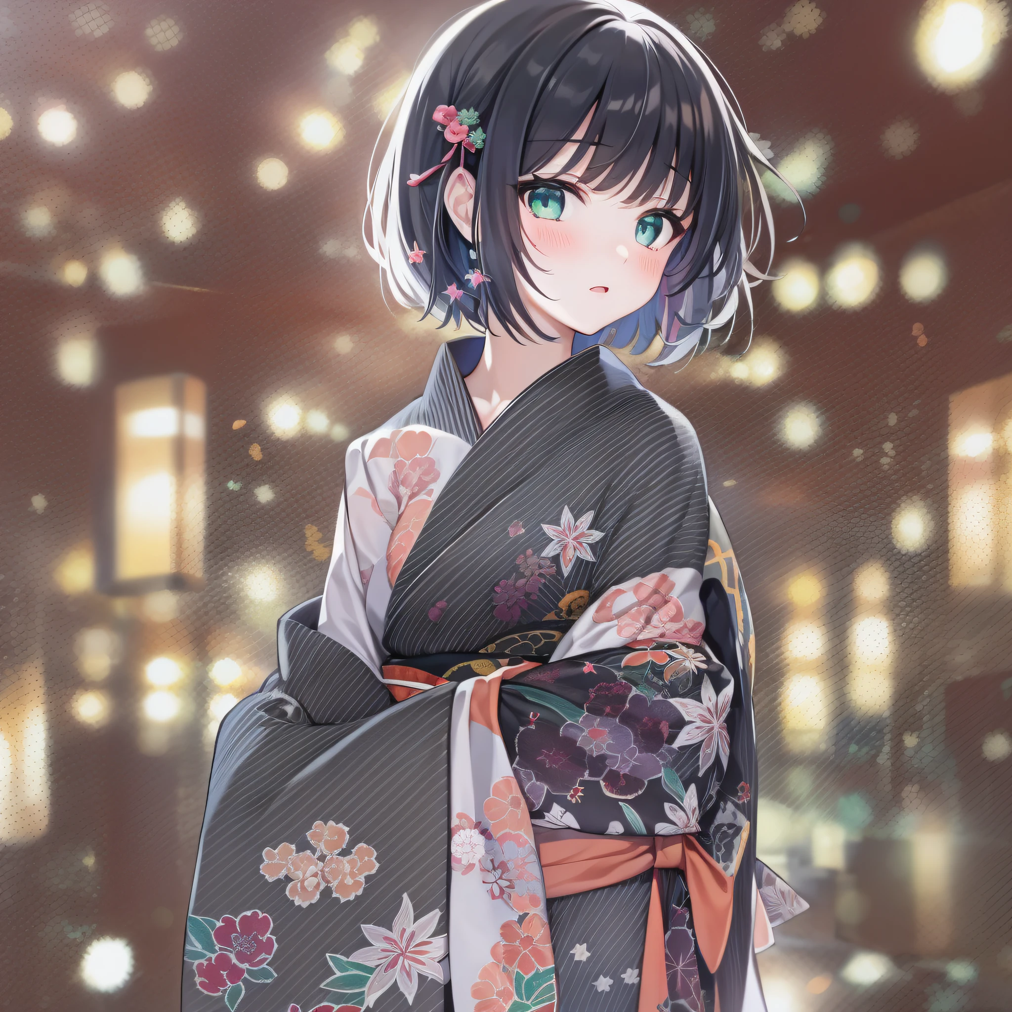 1girl,navy blue bob hair,navy green eyes,cute,blush,japan festival,firework,kimono,girlfrend,medium breast