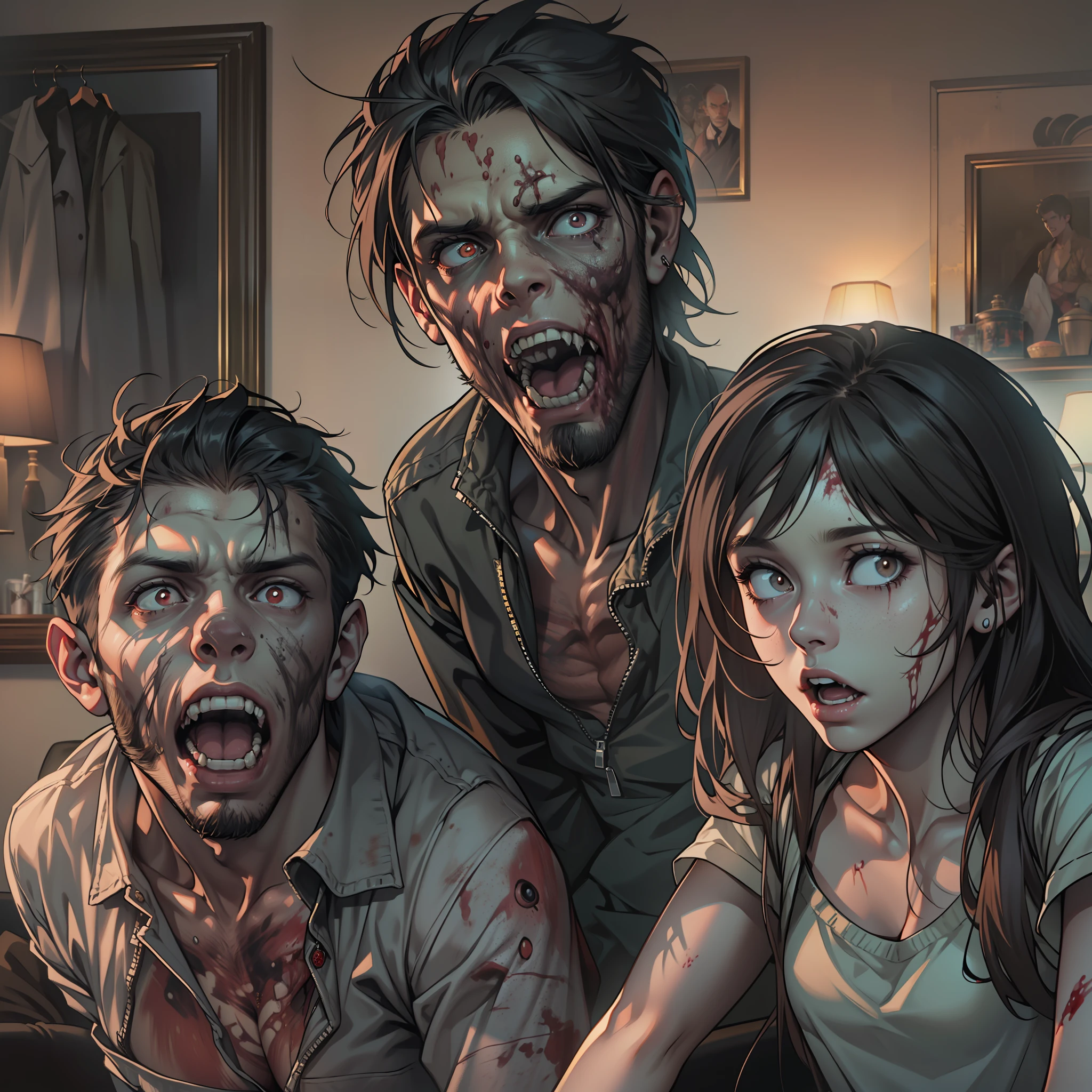 ((((8K quality))), Three bucktooth zombies in the living room,A 30-year-old woman,A -yeld wo,A 30-year-old male。)