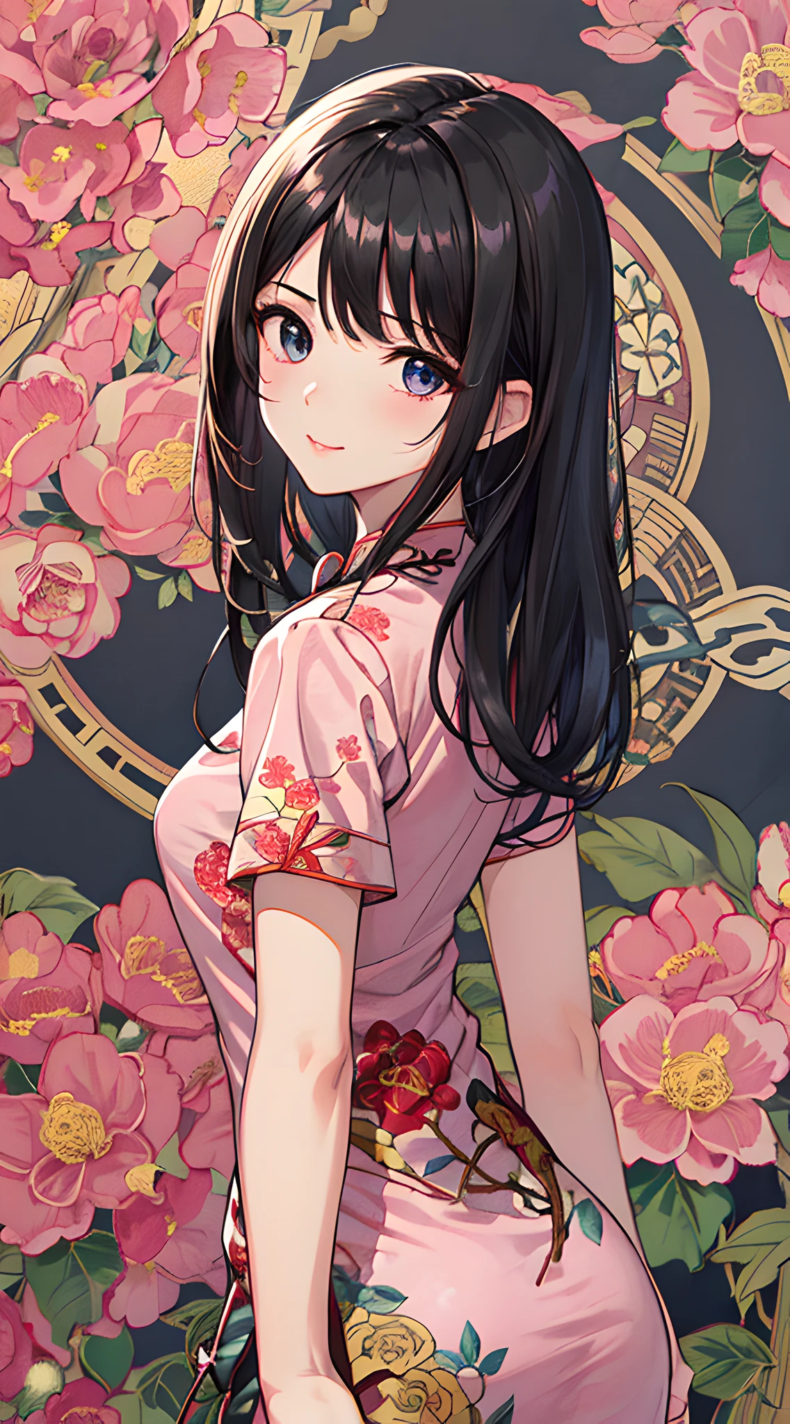 (light pink tight cheongsam, cinch waist, upper body:1.3), (masterpiece, best quality:1.5), side shot, arch back, elegance pose, 8k, official art, raw photo, incredibly absurdres, (detailed floral printed pattern on cheongsam:1.6), asian oriental floral background, looking at viewer, thin arm, thin waist, thighs, film grain, chromatic aberration, sharp focus, facelight, (smile:0.6), clear lighting, detailed eyes and face, (black long hair:1.4)