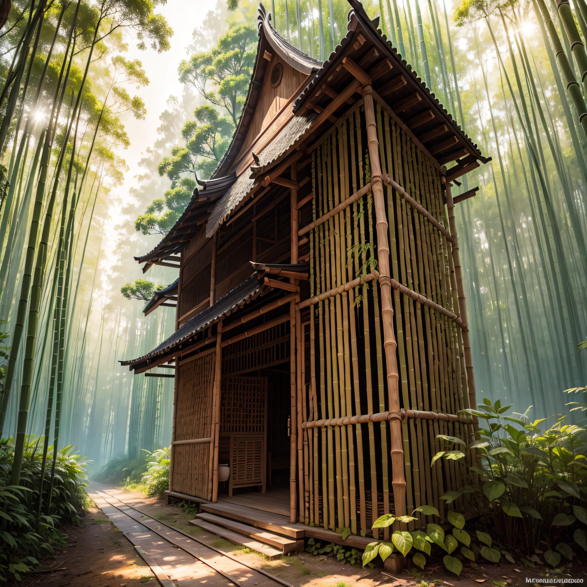 Bamboo forest where you can see various products made with its fibers and bamboo wood. melhor qualidade,  with high resolution and richness of detail.  Texto cor assinatura "watermark" ViverDeBambu, cor verde degrade, with bamboo characteristics