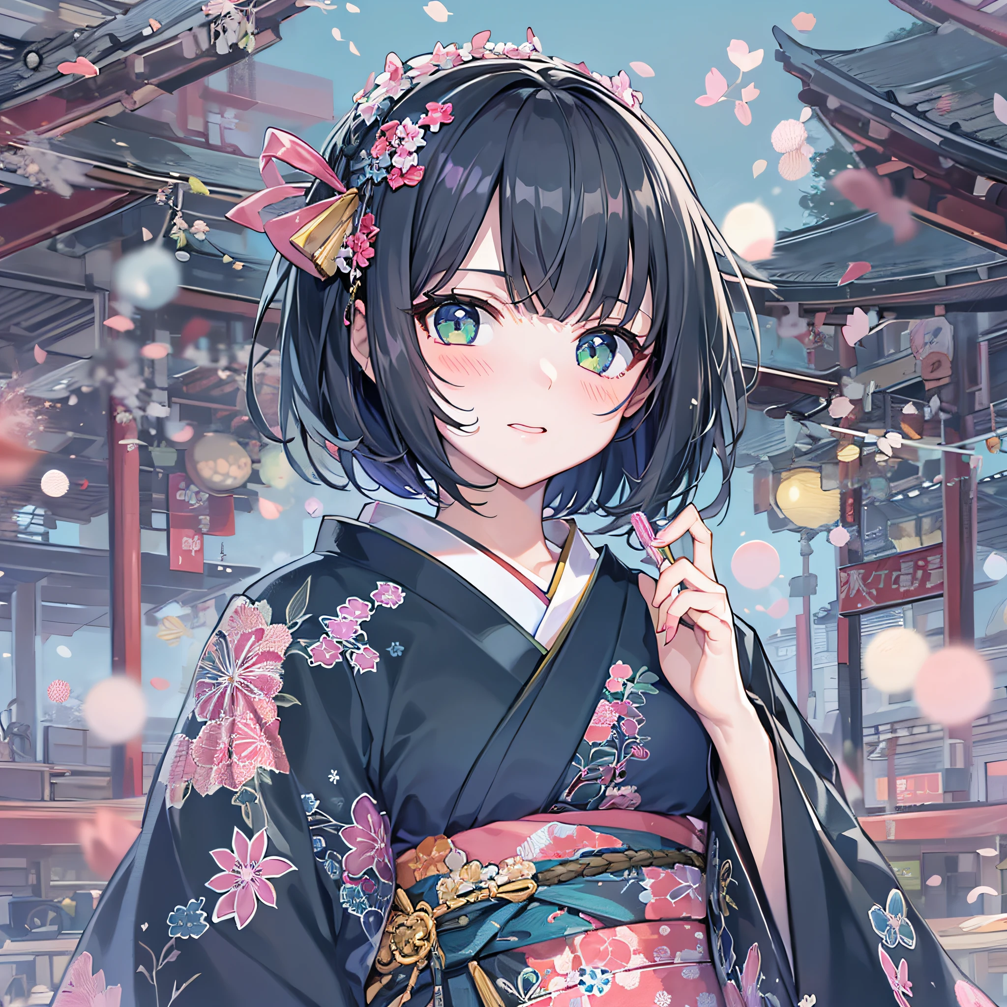 1girl,navy blue bob hair,navy green eyes,cute,blush,japan festival,firework,kimono,girlfrend,medium breast