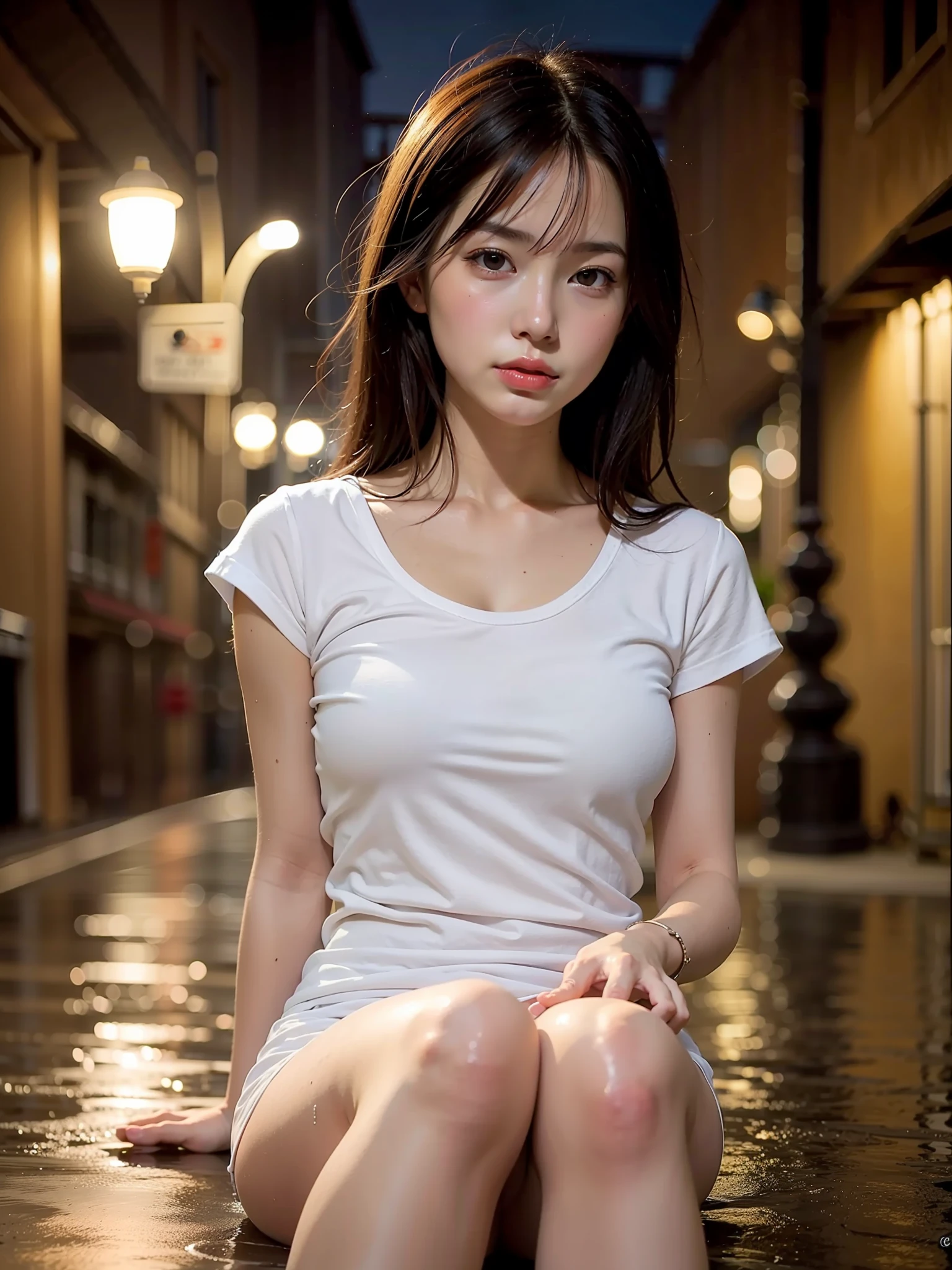 ((Best quality, 8k, Masterpiece: 1.3, raw photo)), Sharp focus: 1.2, (1 aespa girl: 1.2), (realistic, photo-realistic:1.37), (face focus: 1.1), cute face, small breasts, flat chest, short and wet hair, wet body, (wet white shirt: 1.1), show panties, rain, from below, Beautiful Woman sitting Under Street Lamp Light, cinematic lighting