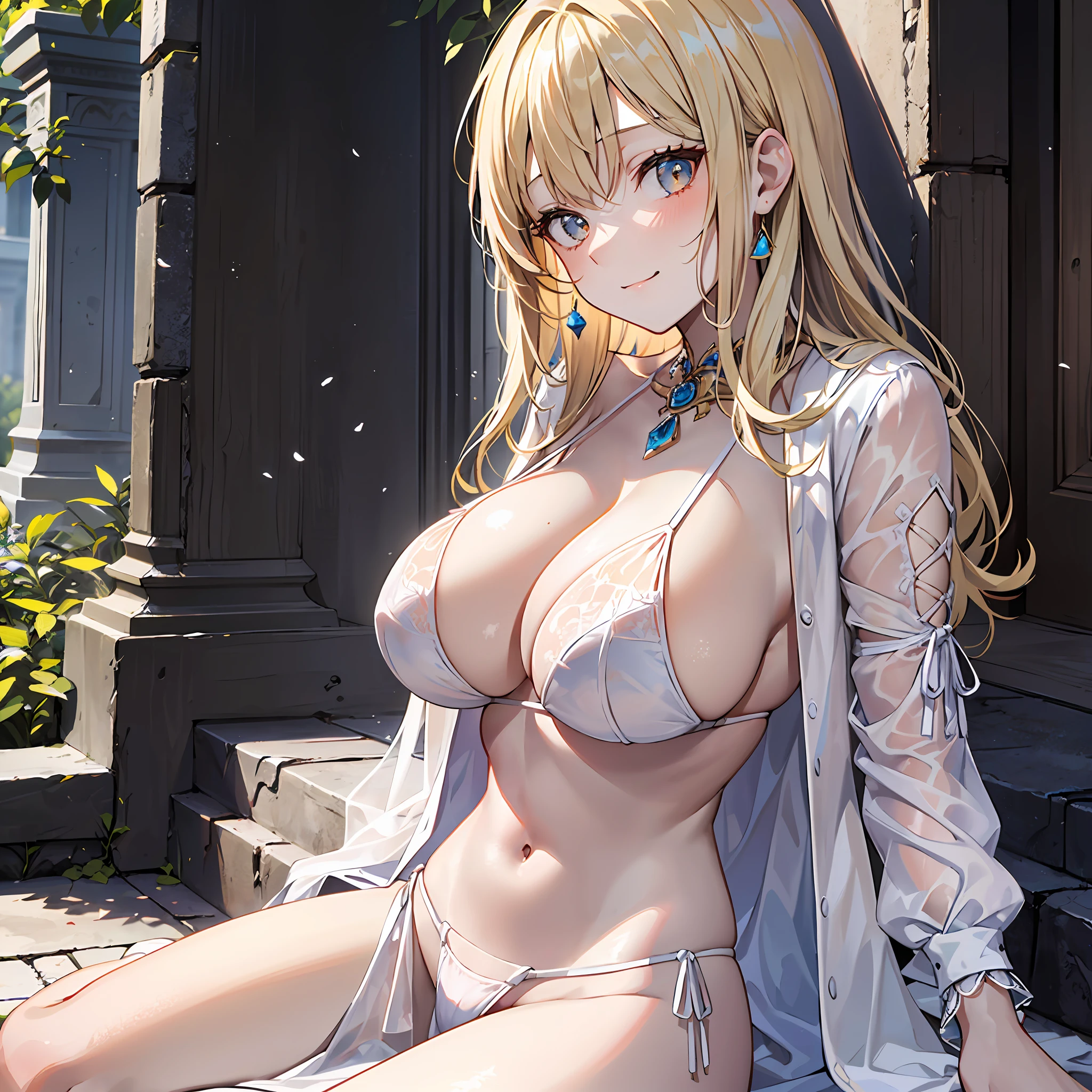 ((front view shot)), ((A very cute girl sitting on floor, and wearing a white silk extreme micro string, a loincloth of white silk string, in a beautiful park)), ((smug look)), (big breasts :1.4), (open her legs), ((public hair)), wearing wetwhite panties, 8k, RAW photo, (highly detailed skin:1.2), photography, masterpiece, best quality, (a beautiful caucasian girl with beautiful gorgeous light blonde hair, white skin, beautiful soft big breasts