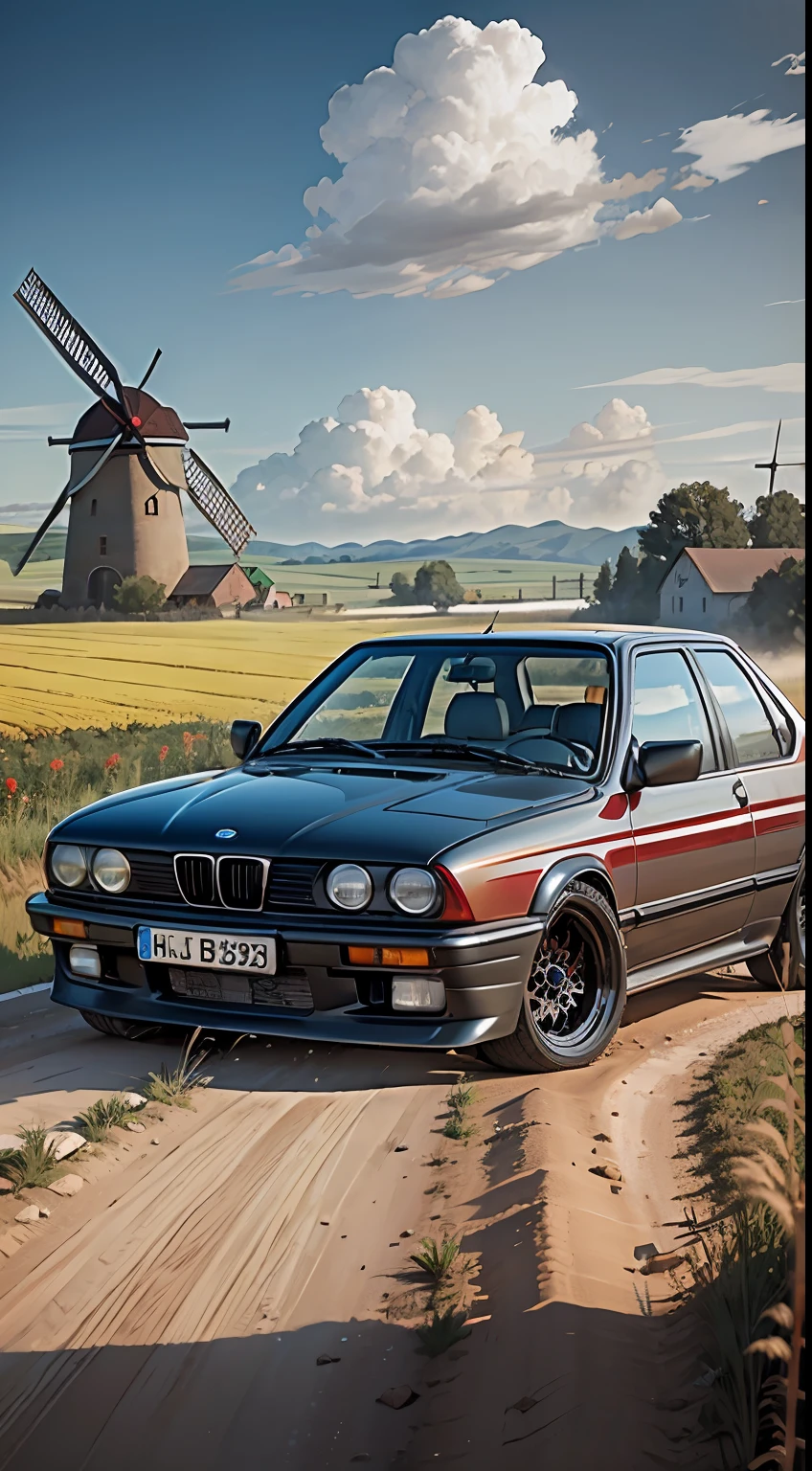 old red BMW e30 car, dirt road, wheat field, old windmill, sunny, clouds