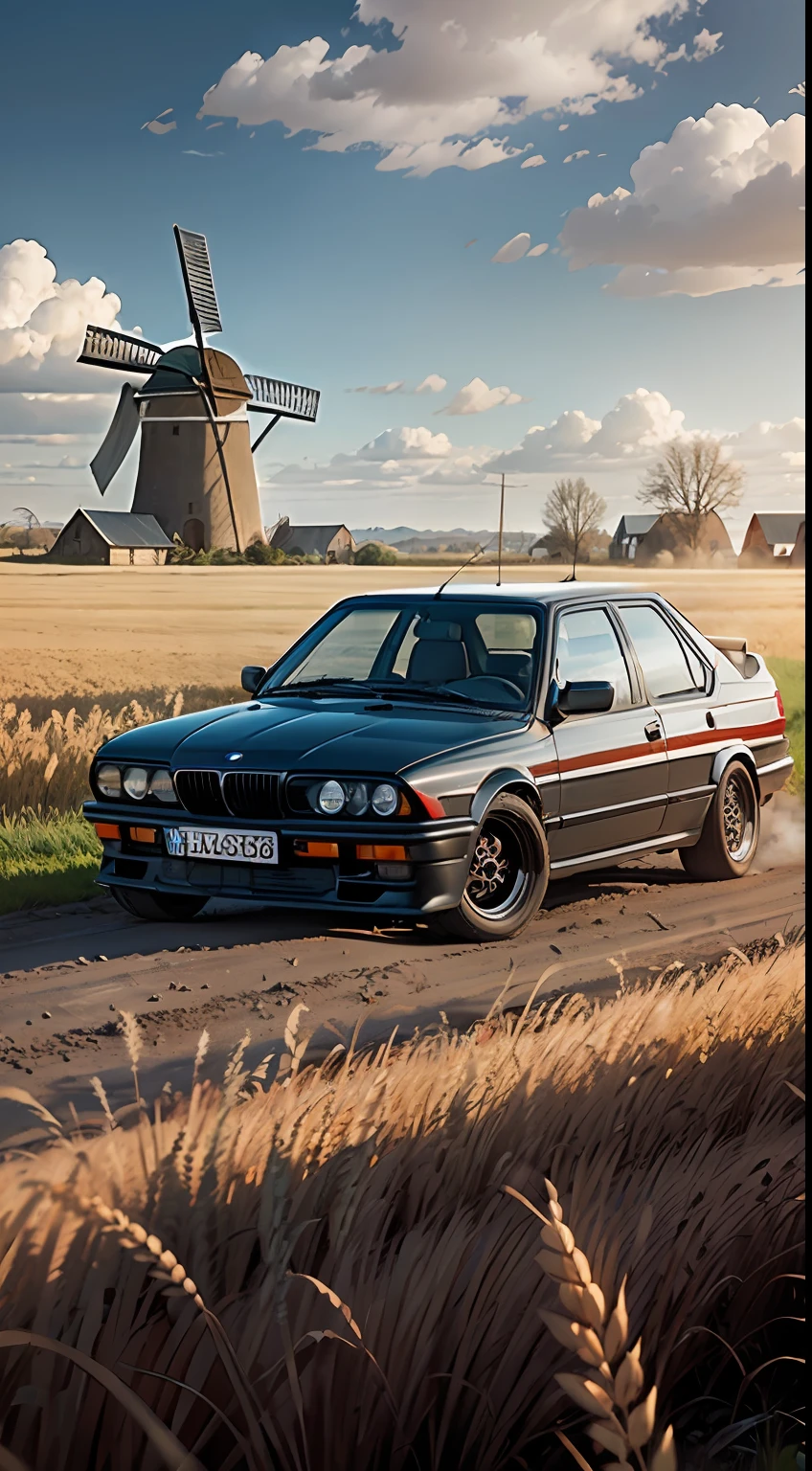 old red BMW e30 car, dirt road, wheat field, old windmill, sunny, clouds