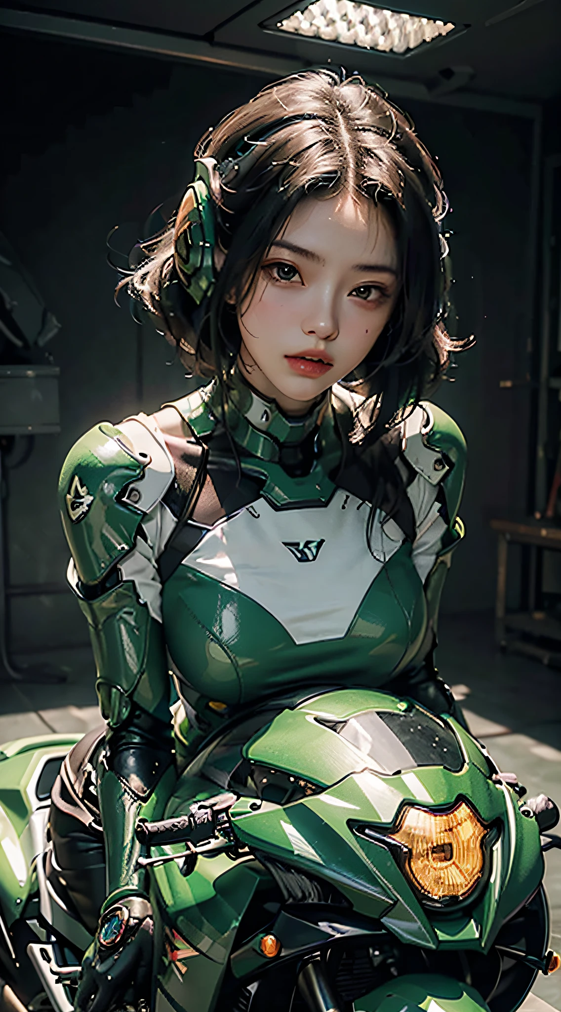 Highest image quality, outstanding details, ultra-high resolution, (realism: 1.4), the best illustration, favor details, highly condensed 1girl, with a delicate and beautiful face, dressed in a black and green mecha, wearing a mecha helmet, holding a directional controller, riding on a motorcycle, the background is a high-tech lighting scene of the future city.