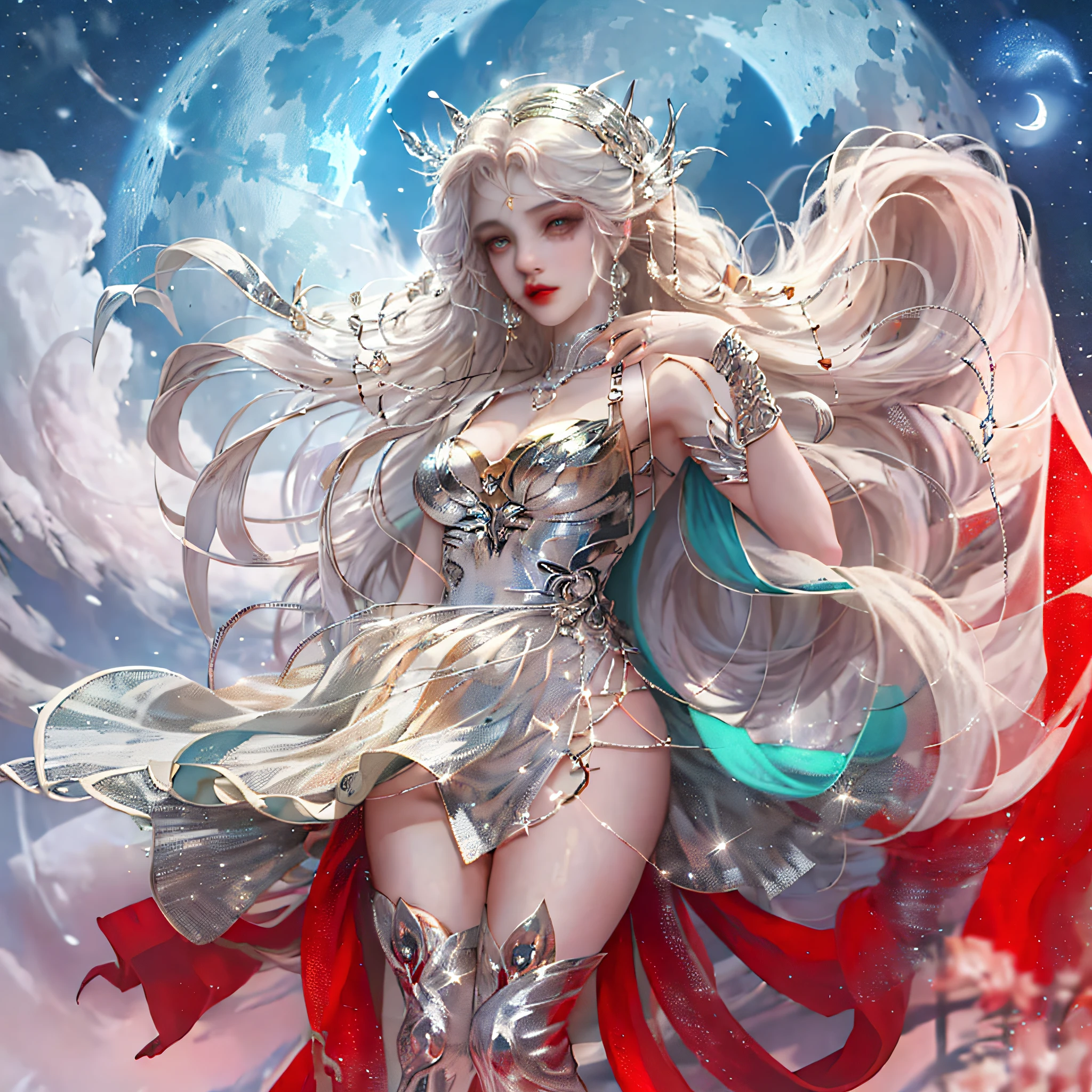 Best picture quality, amazing details, extremely detailed CG art, antique illustration as the theme, 1 Valkyrie in a light blue dress battle dress solo in the night, super sexy, through the clouds, the moon and stars dancing; Her hair and cloak fluttered in the wind, and her skirt and boots sparkled, full of mystery and romance.