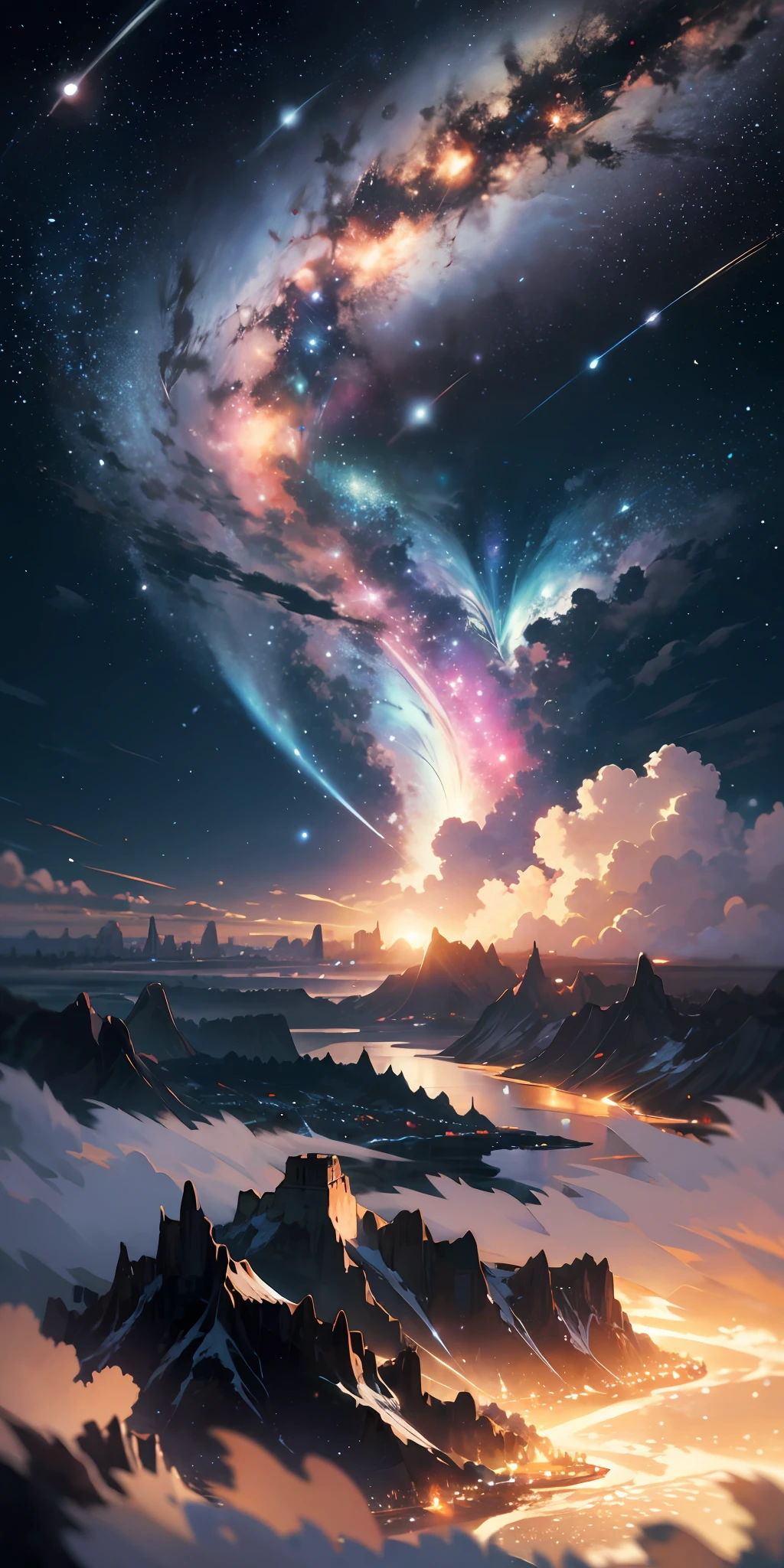 Ridiculous resolution, A high resolution, (Masterpiece:1.4), ultra - detailed,, looking from above, afloat,starrysky,clouds,meteors,Skysky