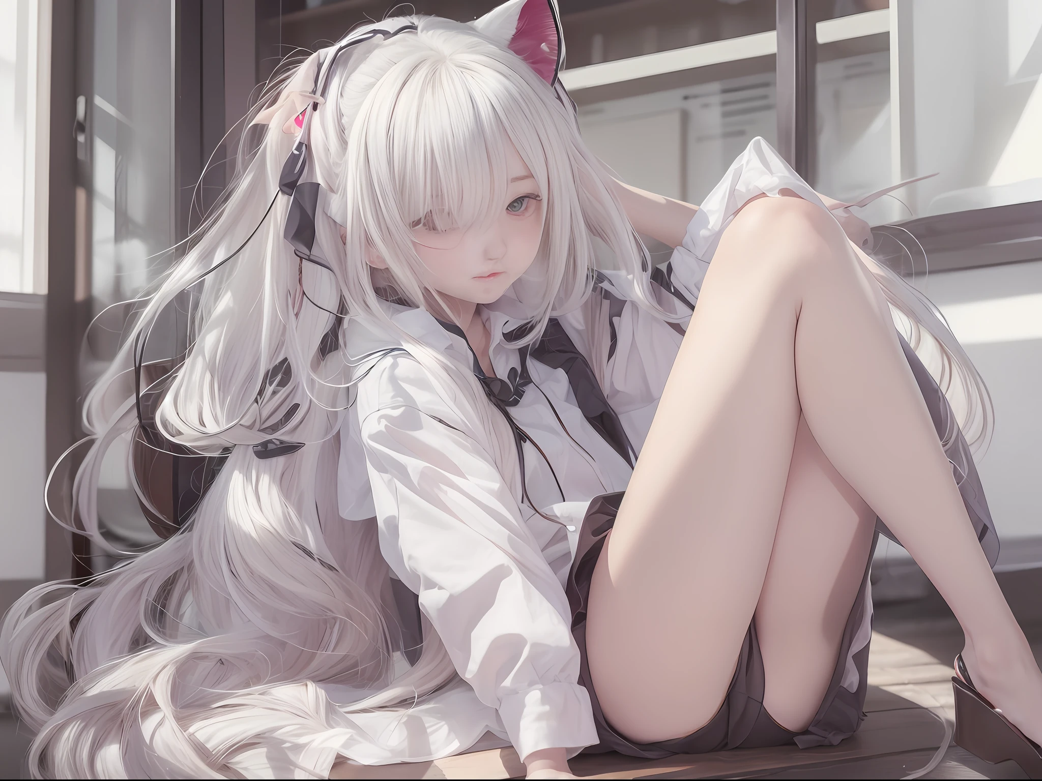 white hair, kemonomimi mode, shy, modern, UHD,female student,Spread your legs apart,nakeness