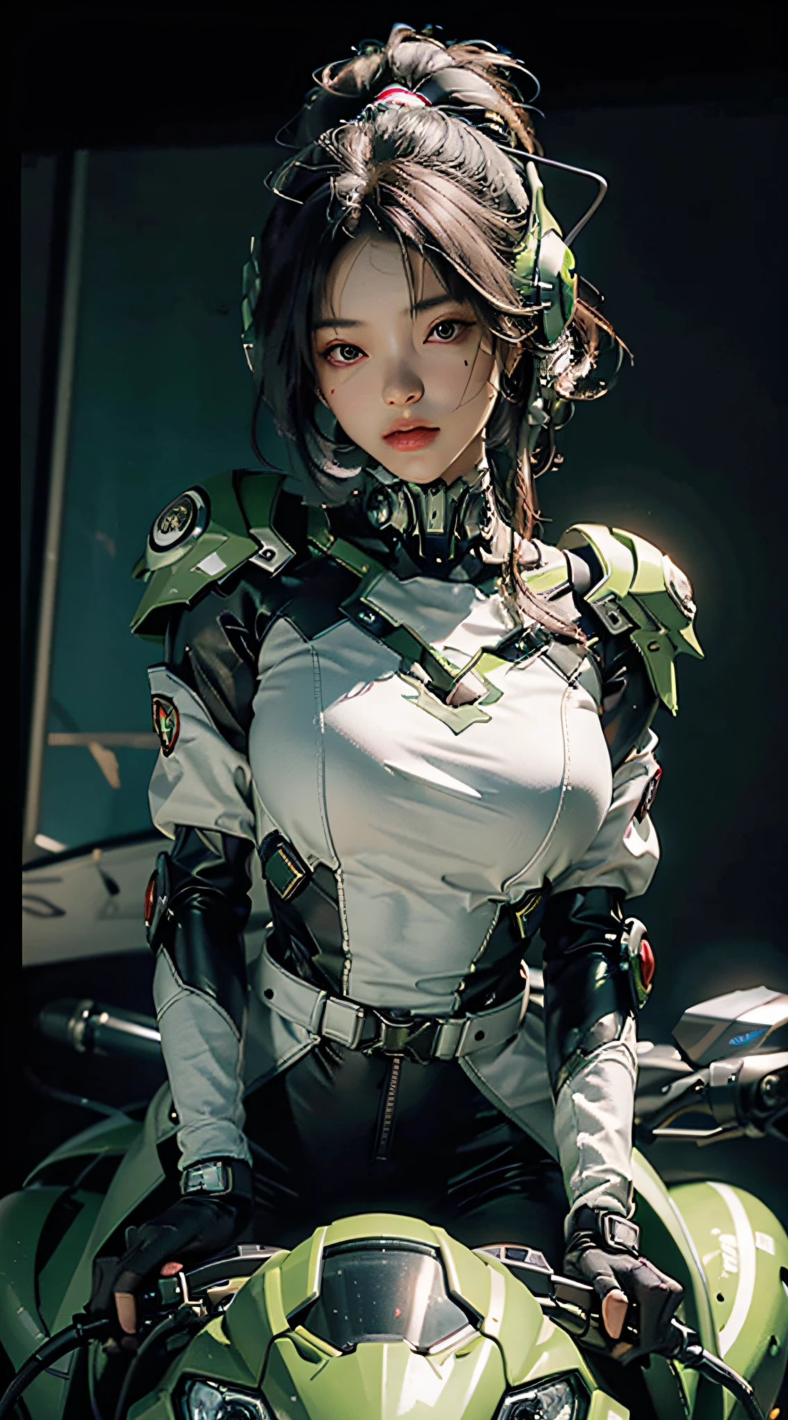 Highest image quality, outstanding details, ultra-high resolution, (realism: 1.4), the best illustration, favor details, highly condensed 1girl, with a delicate and beautiful face, dressed in a black and green mecha, wearing a mecha helmet, holding a directional controller, riding on a motorcycle, the background is a high-tech lighting scene of the future city.