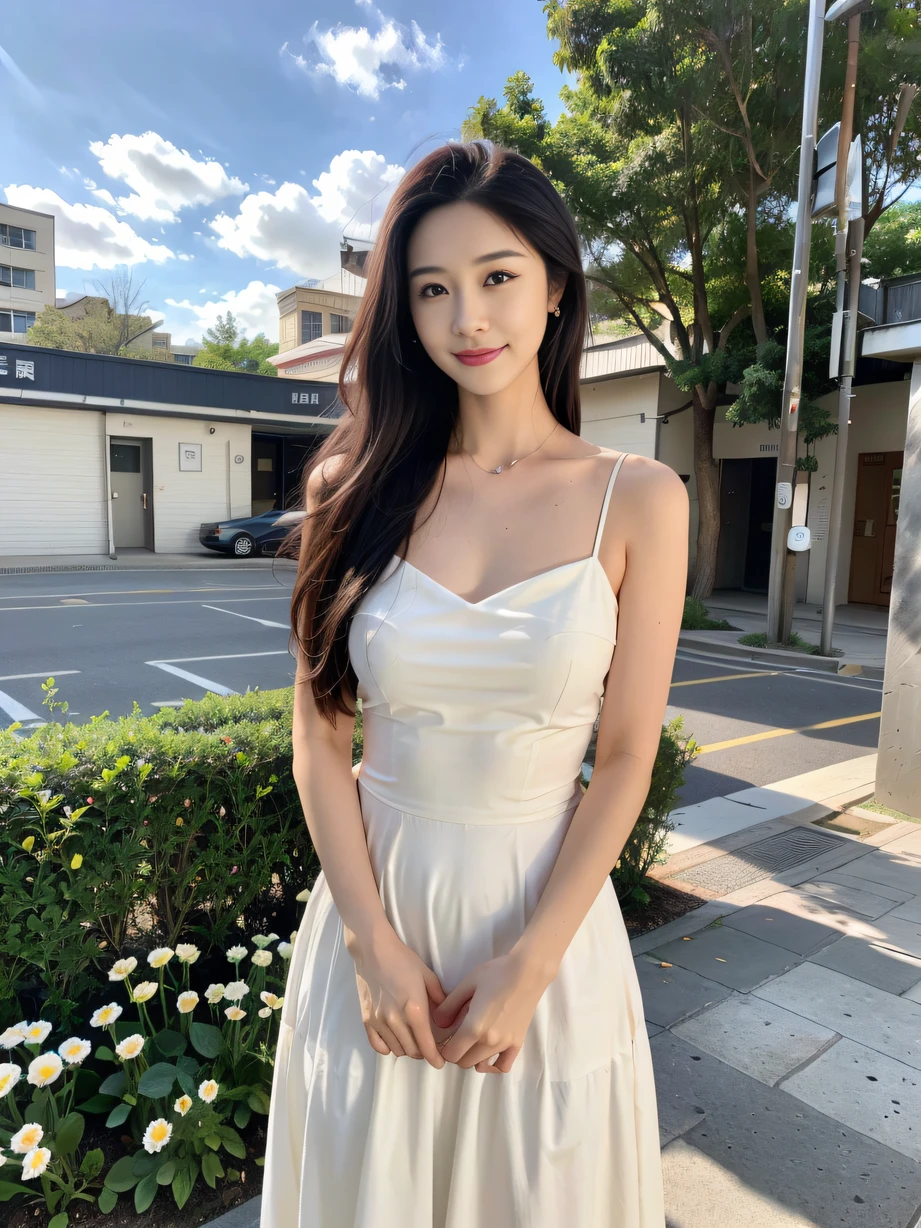 ，masterpiece, best quality，8k, ultra highres，Reallightandshadow，Cinema lenses，(beautidful eyes:1.1)， ((中景 the scene is)) ，A gentle goddess stands in a vast sea of flowers。She wore a long flowing white dress，The skirt flutters gently with the breeze。The sun shines on her through the clouds，Like a divine light illuminating her slim face。and she smiling，The eyes are full of affection and serenity，It is as if it is the guardian of the earth。