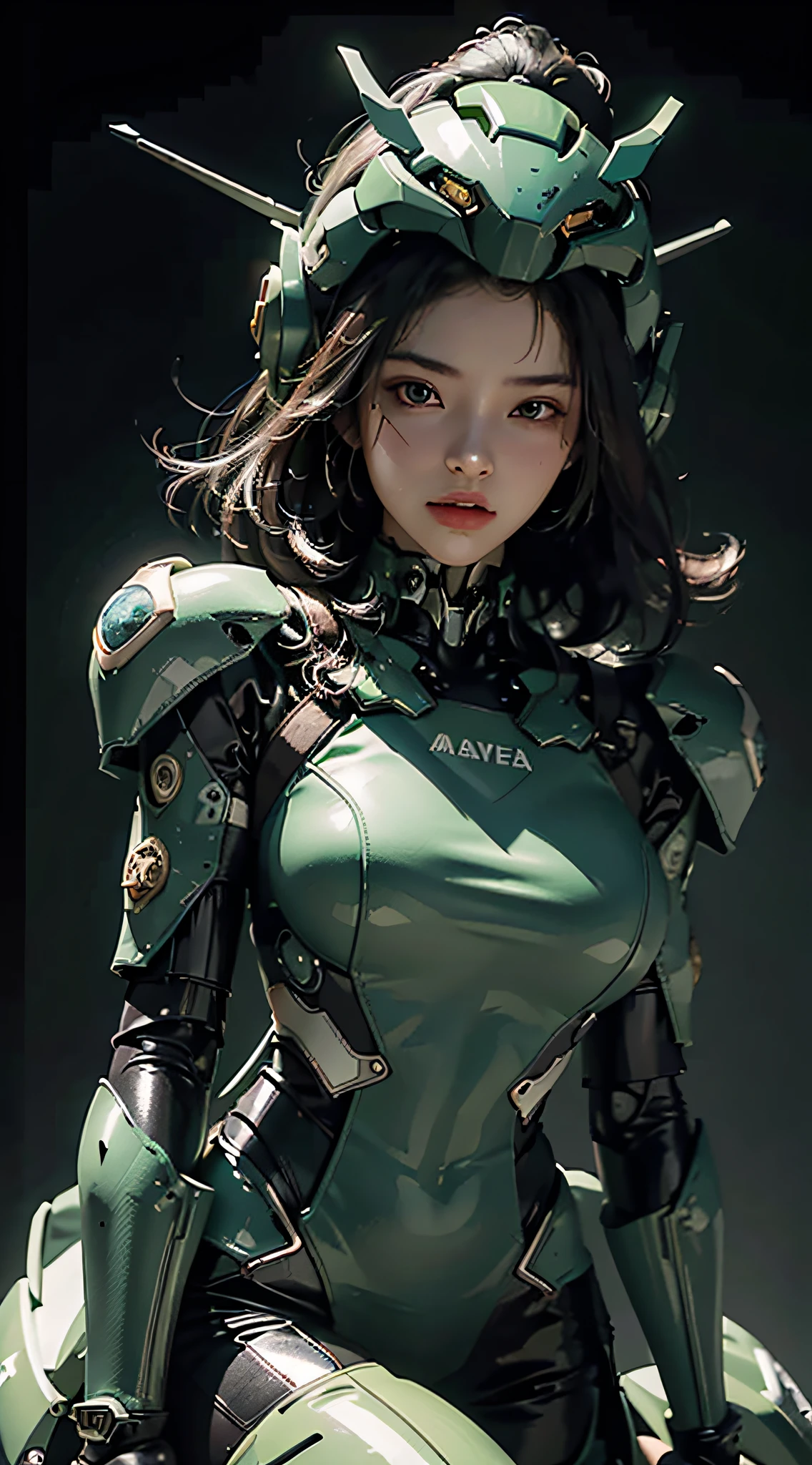 Highest image quality, outstanding details, ultra-high resolution, (realism: 1.4), the best illustration, favor details, highly condensed 1girl, with a delicate and beautiful face, dressed in a black and green mecha, wearing a mecha helmet, holding a directional controller, riding on a motorcycle, the background is a high-tech lighting scene of the future city.