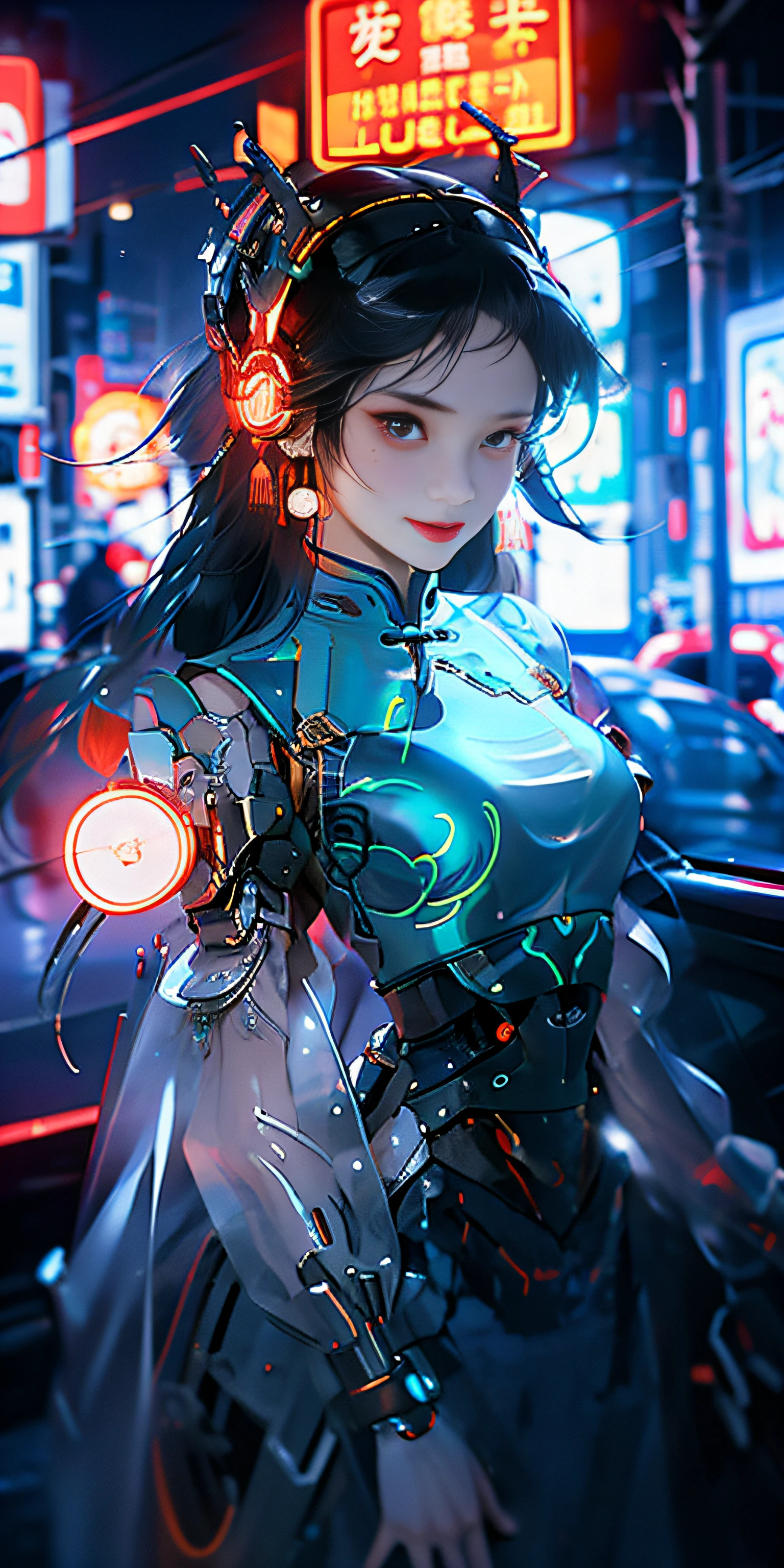 1 girl, Chinese_Clothes, white and orange, cyberhan, Cheongsam, Cyberpunk City, Dynamic Pose, glowing headphone, glowing hair accessories, Long hair, glowing earrings, glowing necklace, Cyberpunk, High-tech City, Full of mechanical and futuristic elements, Futuristic, Technology, glowing neon, orange, Orange Light, transparent tulle, transparent streamers, laser, digital background urban sky, Big Moon, with vehicle, Best Quality, masutepiece, 8K, character edge light, Super High Detail, High quality, the most beautiful woman in man, smiling slightly