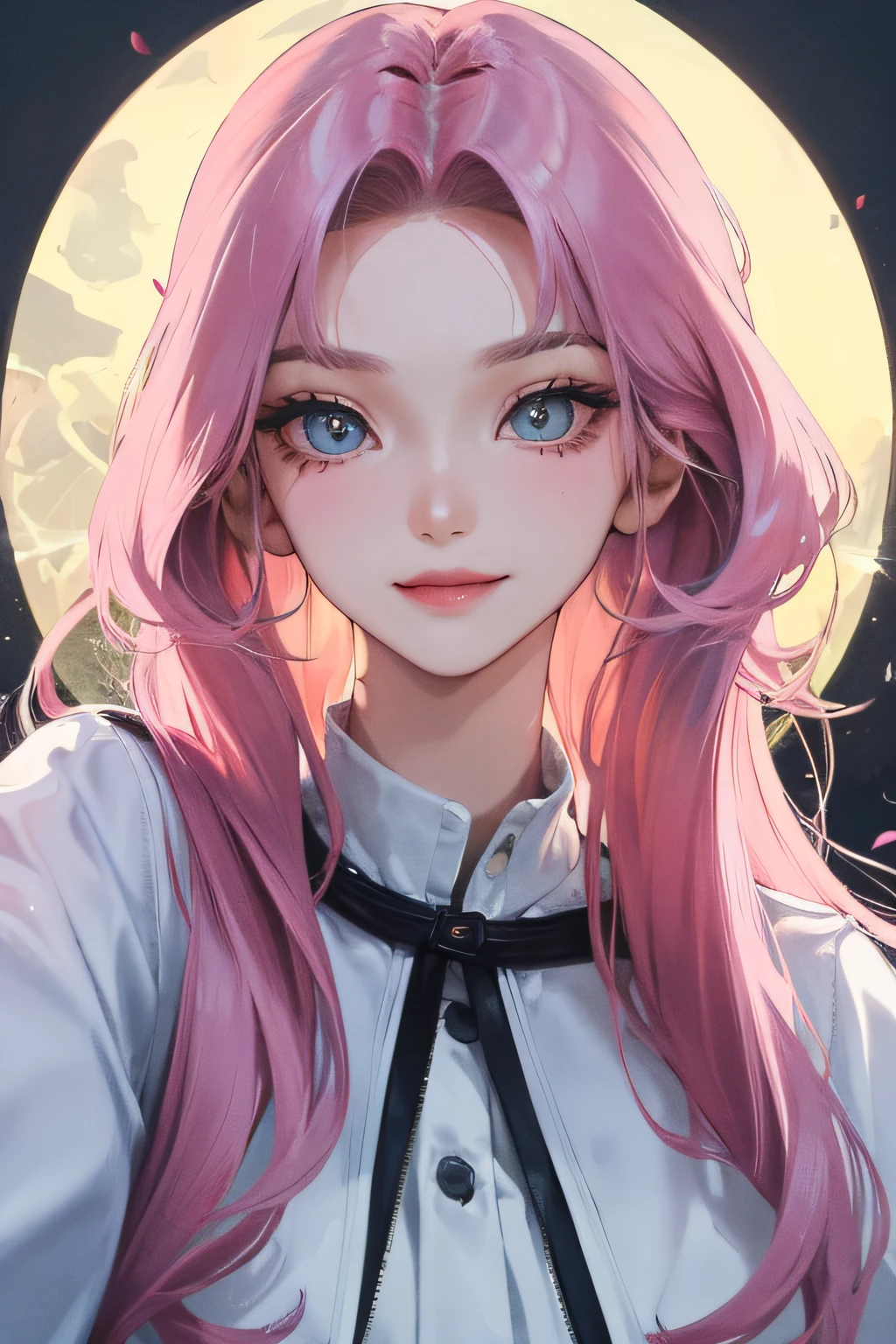 8K, masterpiece, best quality, night, full moon, 1 girl, korean style, mature woman, sister, white long haired woman, long hair, light pink lips, calm, rational, bangs, gray pupils, wearing a blue flower on the head, no background, petal dancing, delicate face, close up, face zoom, detailed face, detailed eyes, looking at viewer, close to viewer, smirk, little smile, full head, no cuts, full hair, head straight, every part of upper-body is visible, no hands in the shot