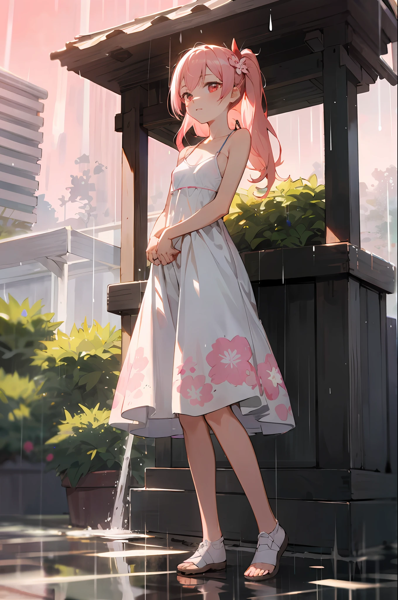 absurderes, hight resolution, ((masutepiece)), animesque、((Best Quality)), (Ultra-detailed), ((Extremely detailed)), (Beautiful), ((Kawaii Girl)), (Lori:1.8), 独奏,(:1.6)、Beautiful face, full body Esbian、White skin、Detailed red sky eyes、shiny long pale pink hair、Side hairbraids、Hair in the wind、Pure white cute floral dress、Pink floral hair ornament、Slender girl, (Small breasts:1.6)、BREAK、The upper part of the body、Gentle face、Ephemeral、(Very heavy rain:1.6)、Protect yourself from rain under the eaves of covered buildings、look up sky、Spread your palms
