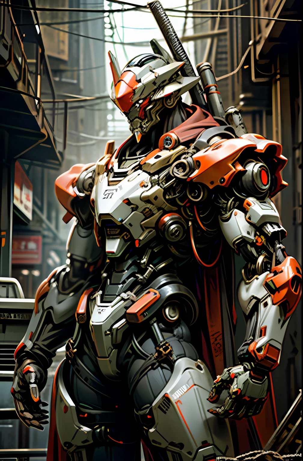 Dark_Fantasy,Cyberpunk,(chain saw,chain saw man,Red:1.1),1man,Mechanical marvel,Robotic presence,Cybernetic guardian, wearing a worn-out mech suit, intricate, (steel metal [rusty]), elegant, clear focus, shot by greg rutkowski, soft lighting, vibrant colors, masterpiece, ((street)), cowboy shot, dynamic pose,
