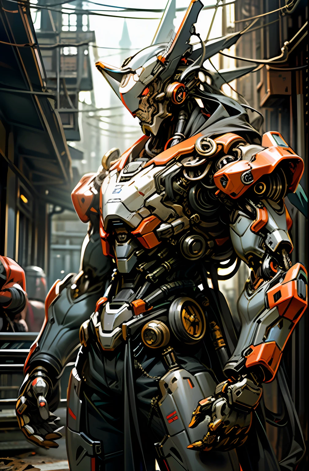 Dark_Fantasy,Cyberpunk,(chain saw,chain saw man,Red:1.1),1man,Mechanical marvel,Robotic presence,Cybernetic guardian, wearing a worn-out mech suit, intricate, (steel metal [rusty]), elegant, clear focus, shot by greg rutkowski, soft lighting, vibrant colors, masterpiece, ((street)), cowboy shot, dynamic pose,
