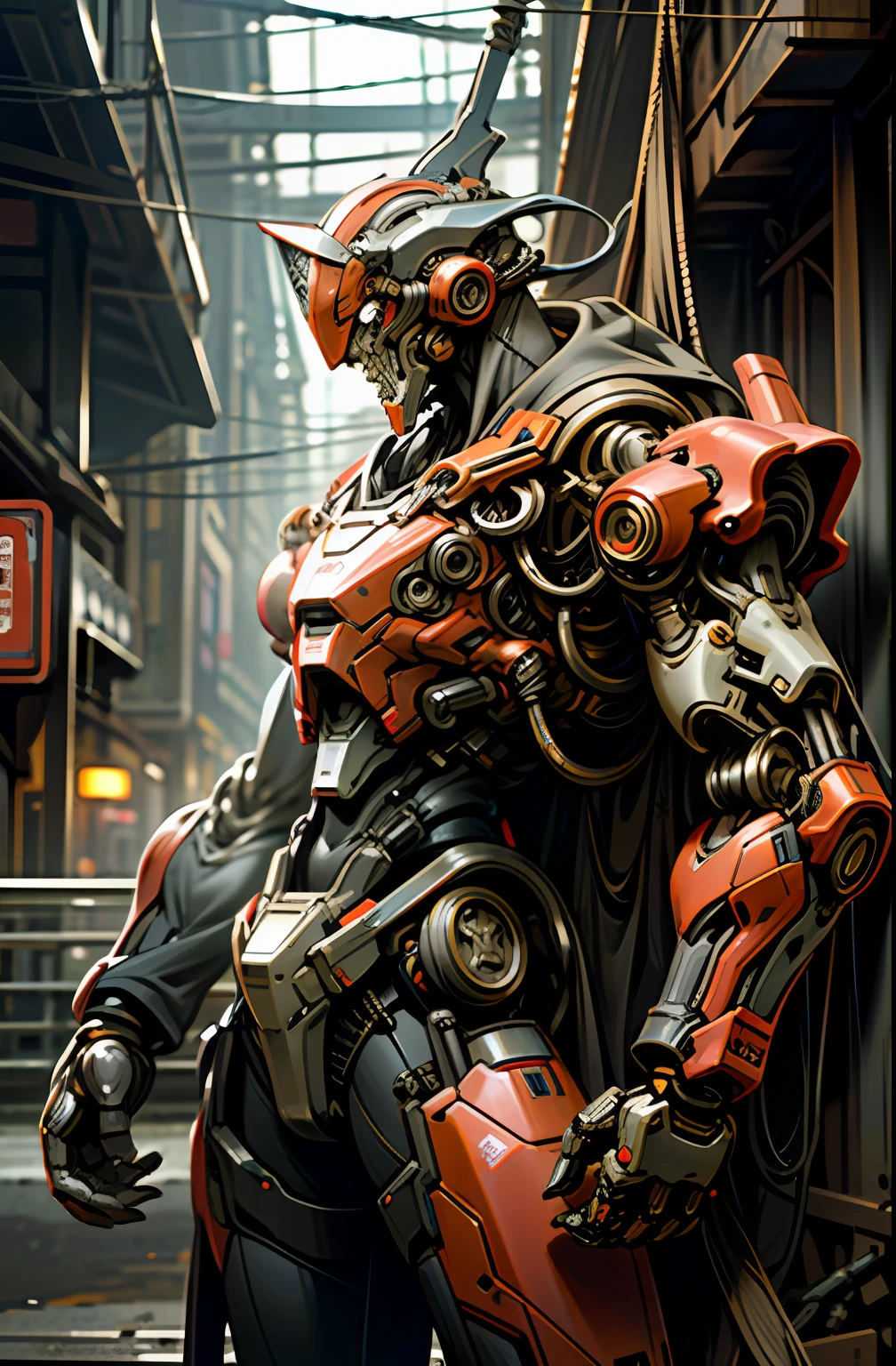 Dark_Fantasy,Cyberpunk,(chain saw,chain saw man,Red:1.1),1man,Mechanical marvel,Robotic presence,Cybernetic guardian, wearing a worn-out mech suit, intricate, (steel metal [rusty]), elegant, clear focus, shot by greg rutkowski, soft lighting, vibrant colors, masterpiece, ((street)), cowboy shot, dynamic pose,