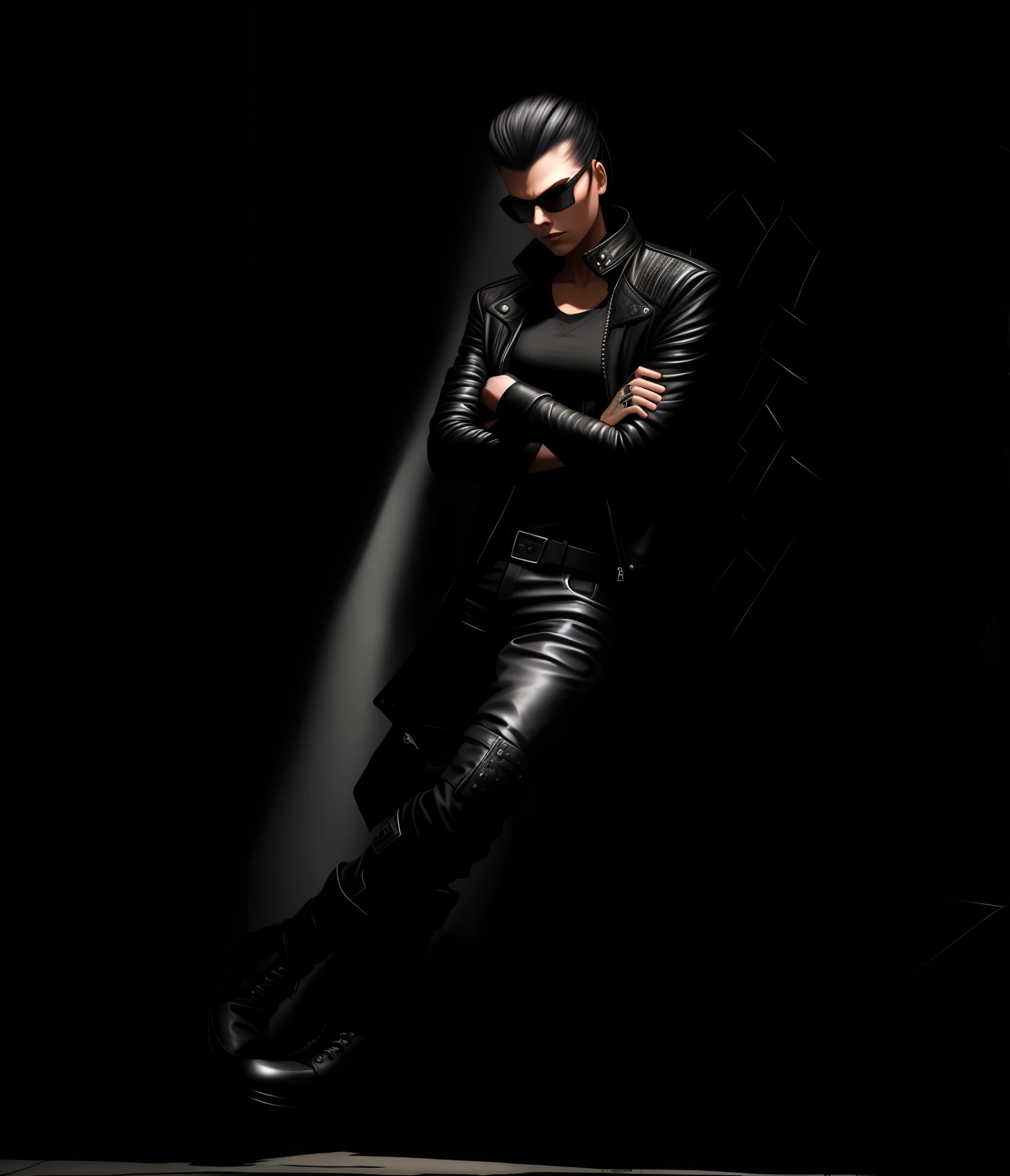 Character in a black leather jacket, standing against the wall, full - body, Menacing gaze, menacing pose, badass pose, Shadowrun character art,