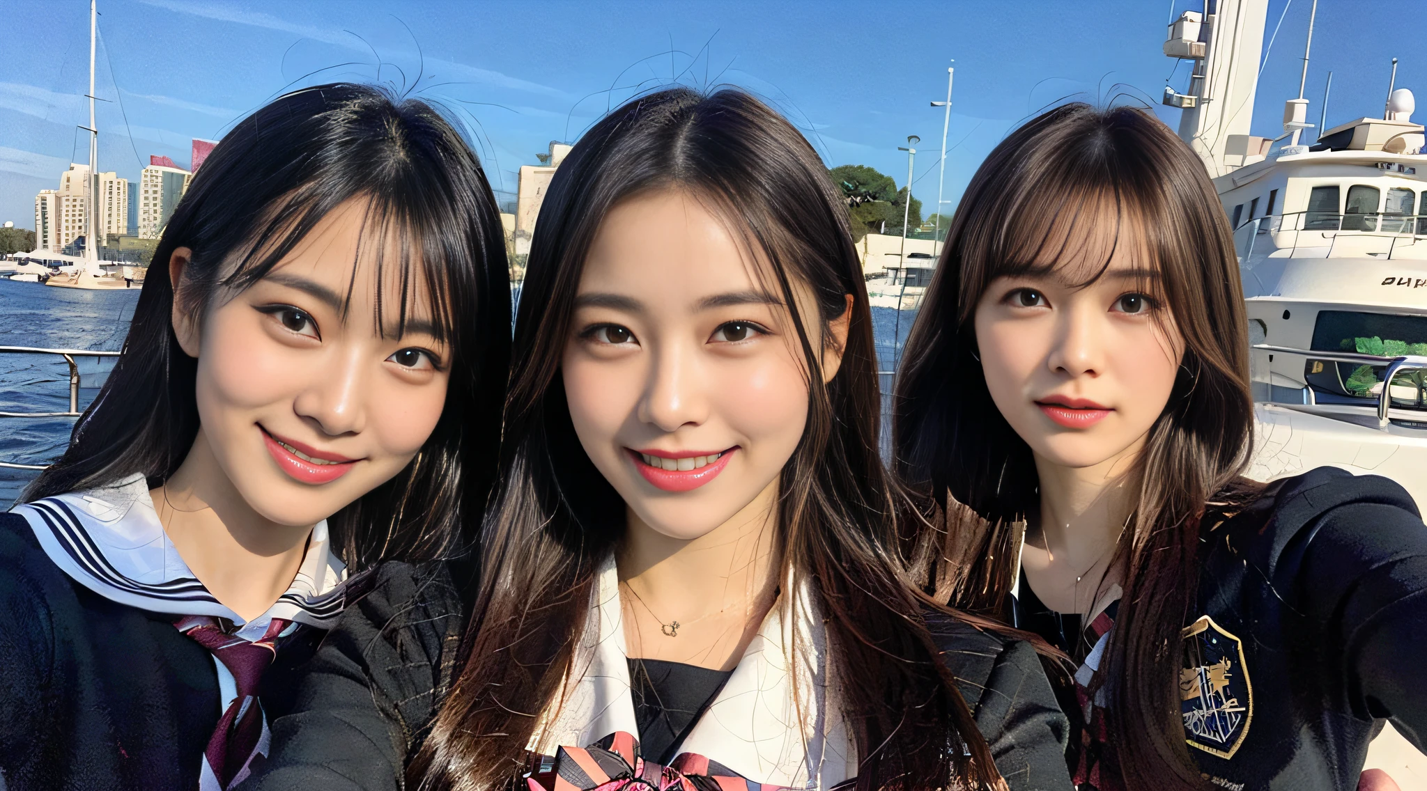 (8K、Raw photography、top-quality、masterpiece:1.2)、ultra-detailliert、ultra res、(realisitic、Real Photographics:1.47)、(hyper realisitic:1.4)(I enjoy fishing out to sea by boat)Above the sea、High school girl with fishing rod、Fishing、fishing rod、Full of heart、Heart pattern(Fantastic lighting)head to waist、、de pele branca、Fair-skinned female proofreading、An ultra-high picture quality、、Beautiful female proofreading reflecting in light、amazing detailed、Beautiful girls in very detailed、Faces with different patterns、Different face patterns、Each hairstyle has its own characteristics、Farbe々Hairstyle、Farbe々Hair color shining with clean light、I enjoy fishing on a boat、Brown hair shining in the light、One has a ponytail、、Modern cute high school girl、very detailed faces very detailed eyes、Very realistic skin、 extremely detailed fingers, highly detailed nose, highly detail mouth, perfect anatomia, Highly detailed sailor suit、、The details of their hair and uniforms shine through、Burning teeth and smiling、Realistic body, de pele branca, glistning skin, Slim body, Long straight hair, (Blunt bangs:1.2), , nixeu and sakimichan, TWICE, Seifuku, sakimichan, JK Uniform, wearing japanese school uniform, promo still, Larisa Manobal, Japan school uniform, japanese girl school uniform, alena aenami and lilia alvarado