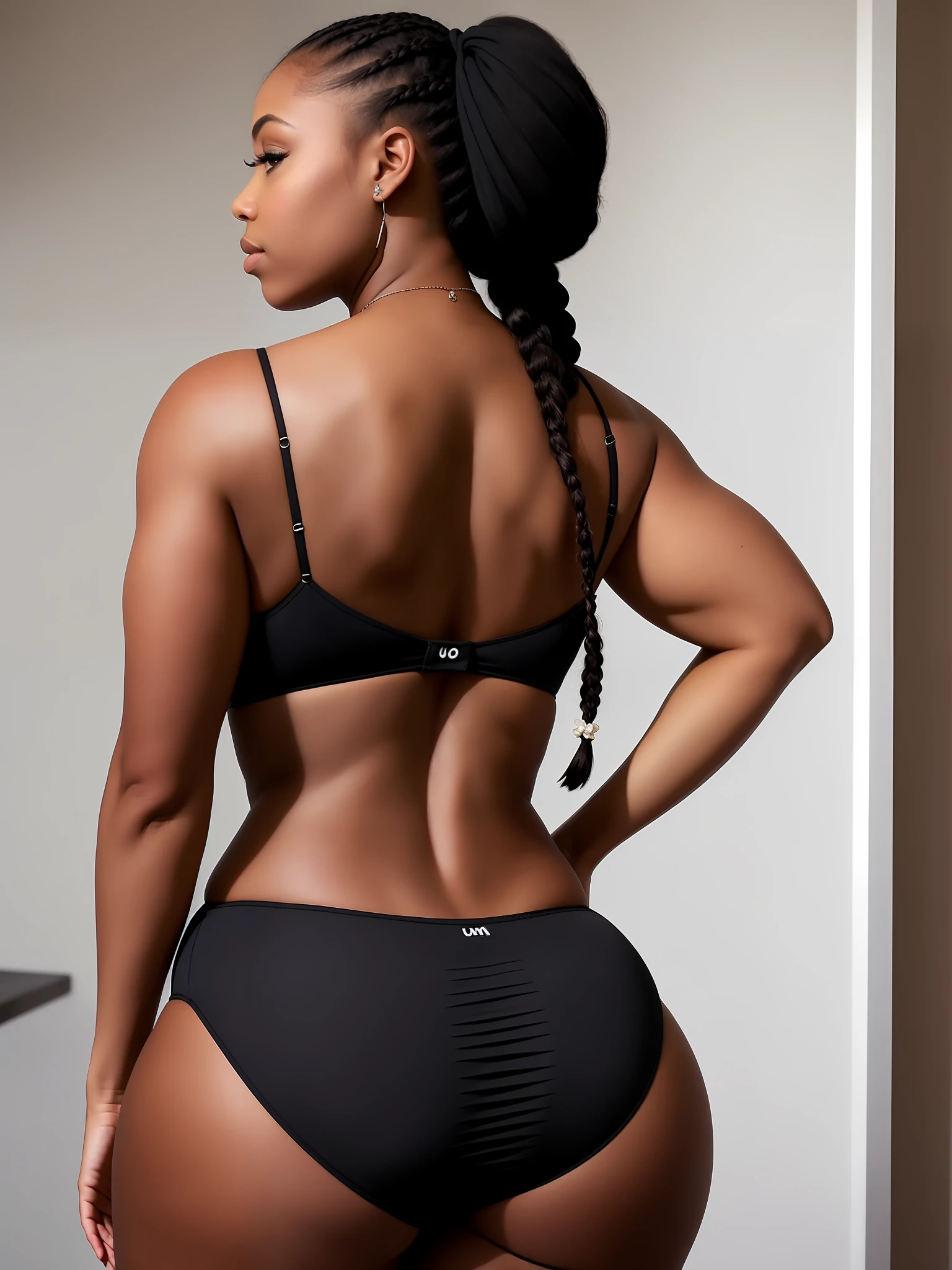 "Photo of a beautiful black woman with athletic body, com uma bunda grande e seios gigantes, wearing sexy maid clothes and braids in her hair."
