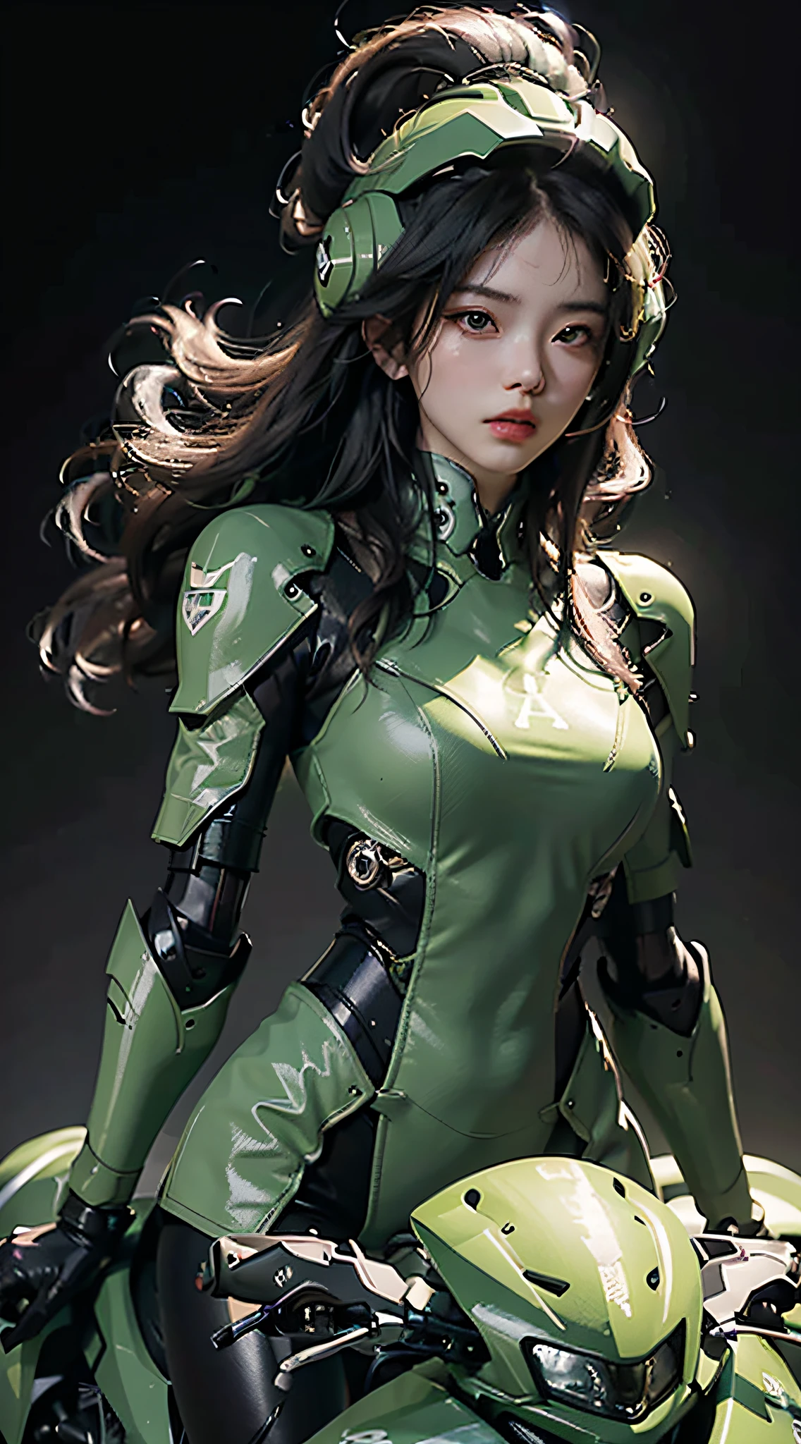 Highest image quality, outstanding details, ultra-high resolution, (realism: 1.4), the best illustration, favor details, highly condensed 1girl, with a delicate and beautiful face, dressed in a black and green mecha, wearing a mecha helmet, holding a directional controller, riding on a motorcycle, the background is a high-tech lighting scene of the future city.